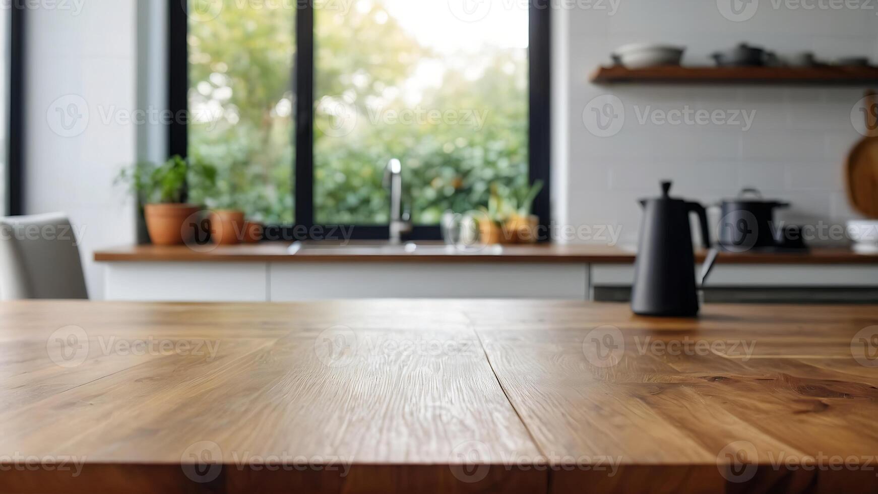Beautiful wood table top and blur bokeh modern kitchen interior background in clean and bright, studio warm light photo