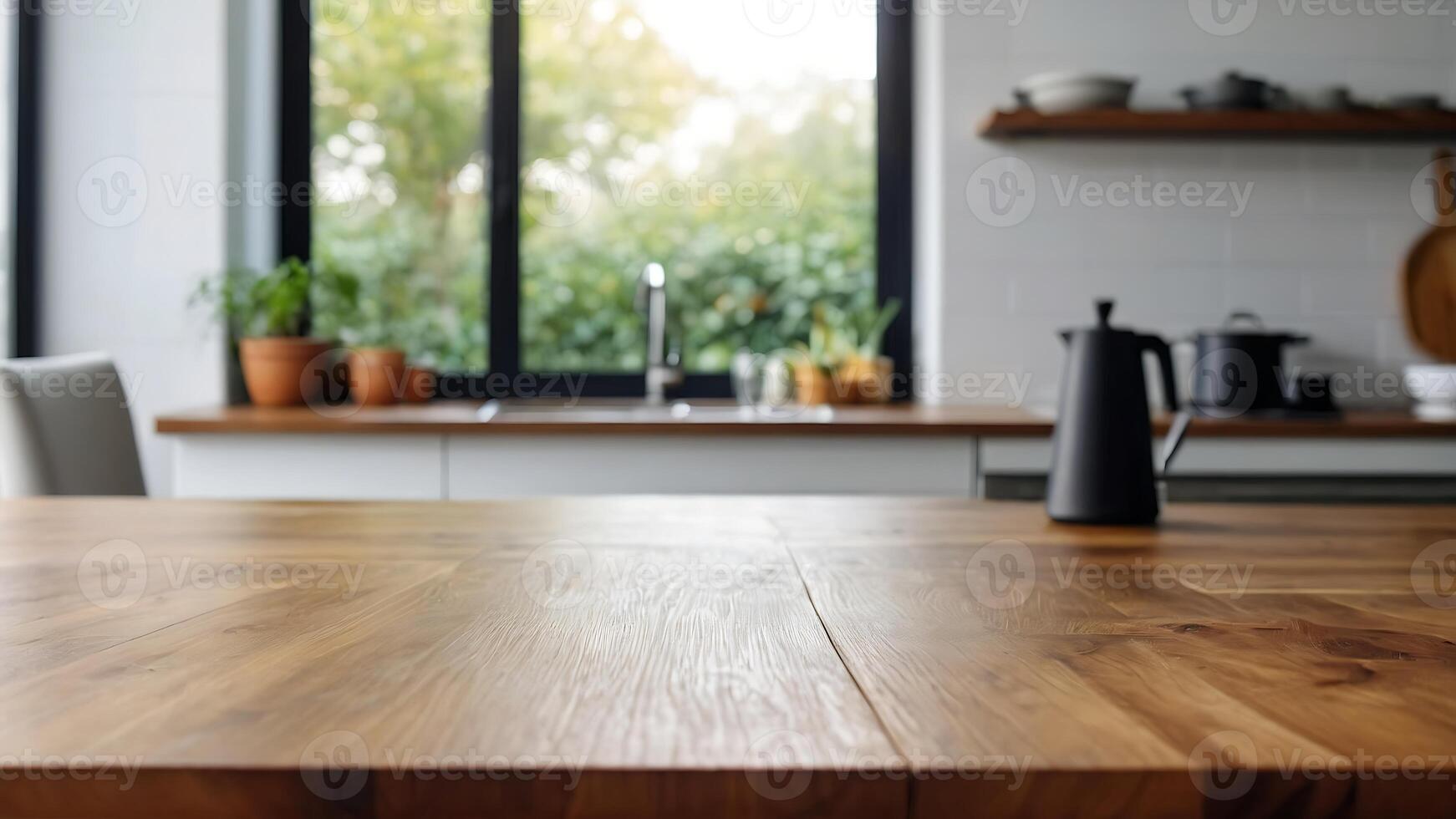 hermosa madera mesa parte superior y difuminar bokeh moderno cocina interior antecedentes en limpiar y brillante, estudio calentar ligero foto