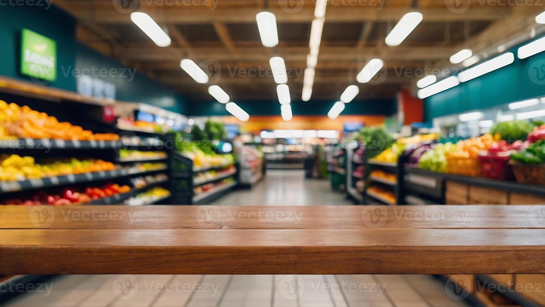 Empty wooden table with beautiful supermarket background, photorealistic photo