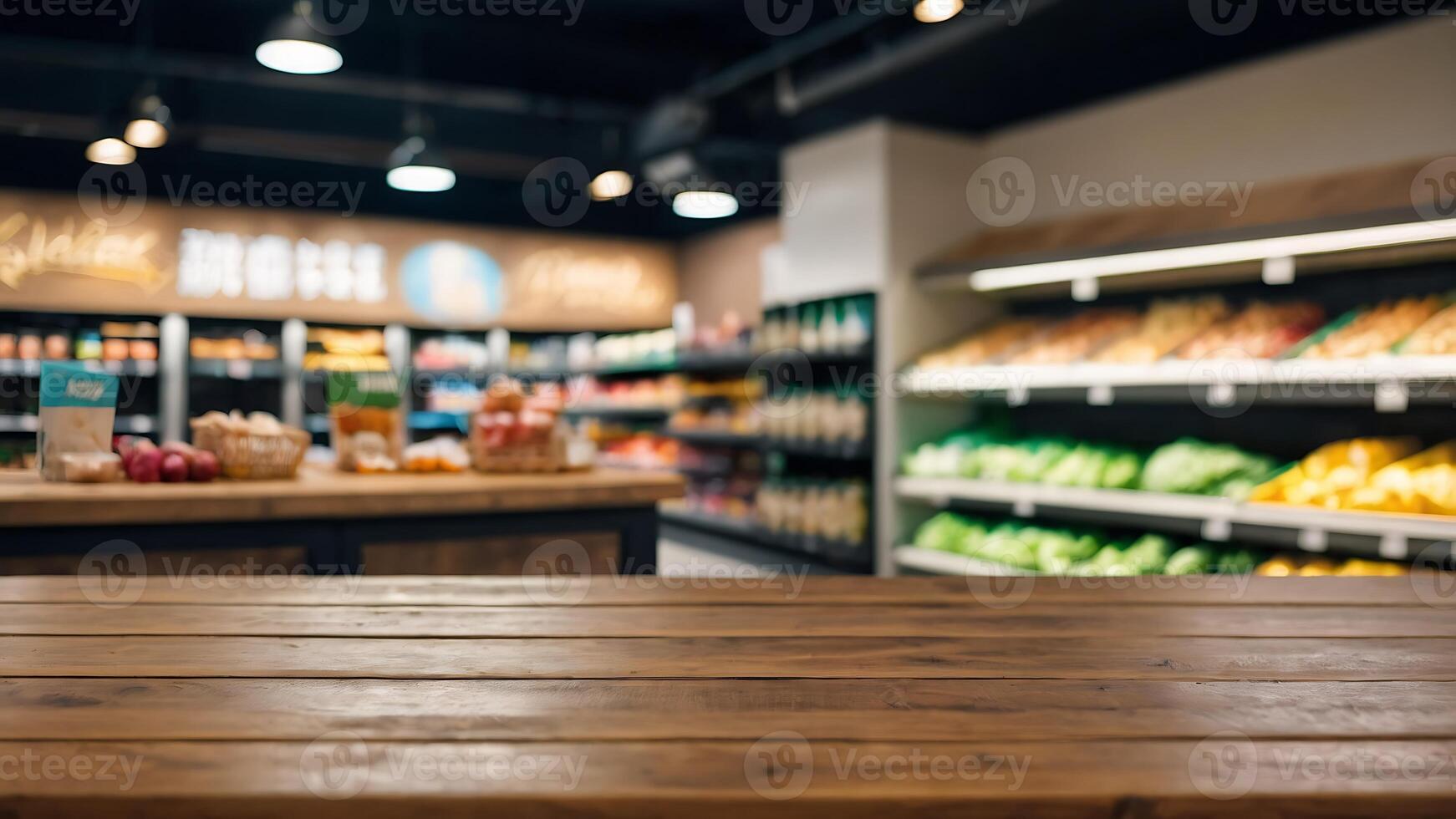 Empty wooden table with beautiful supermarket background, photorealistic photo