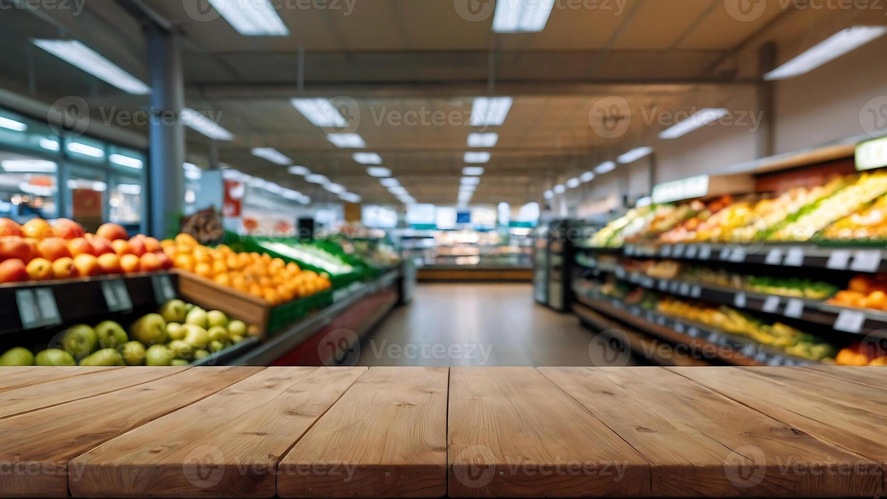 Empty wooden table with beautiful supermarket background, photorealistic photo