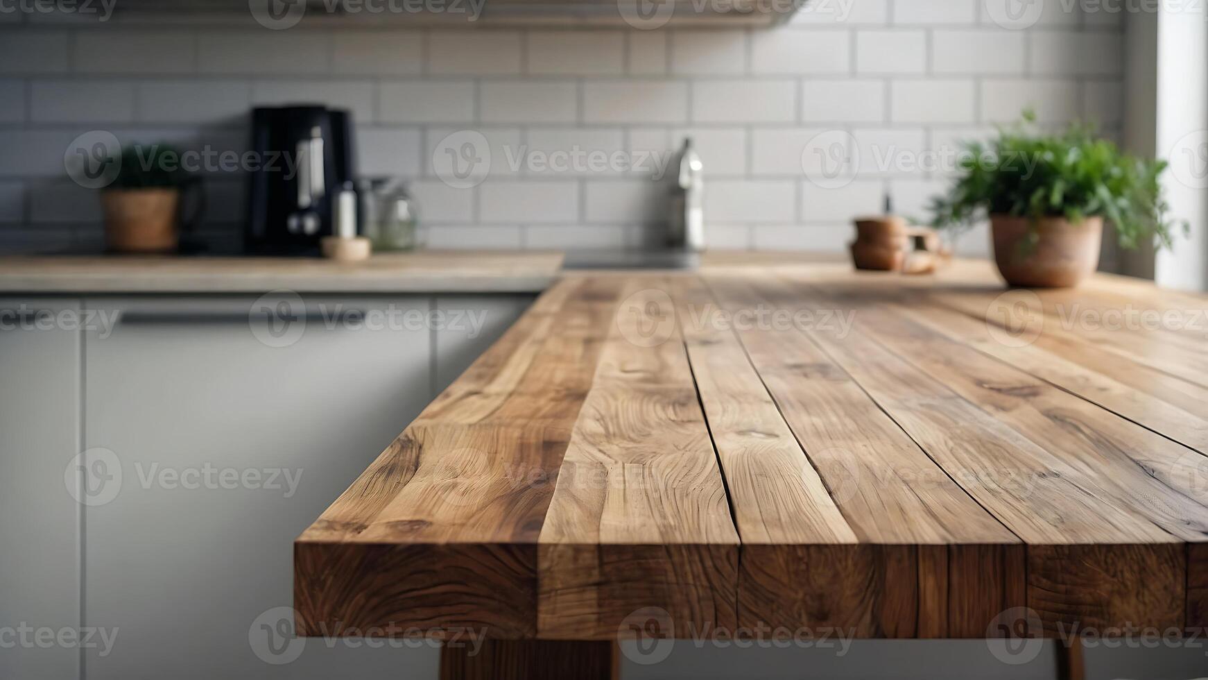 hermosa madera mesa parte superior y difuminar bokeh moderno cocina interior antecedentes en limpiar y brillante, estudio calentar ligero foto