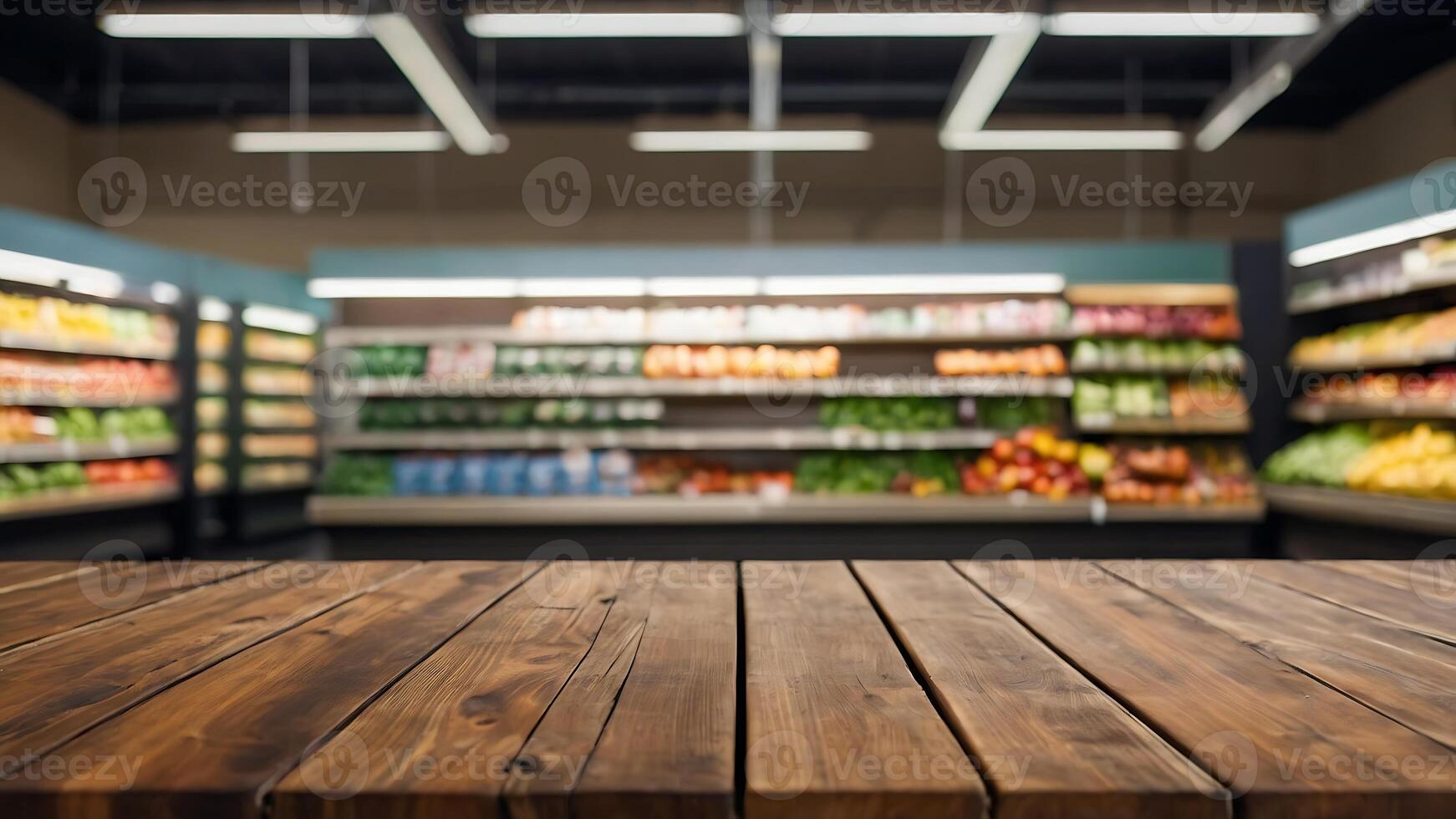 Empty wooden table with beautiful supermarket background, photorealistic photo