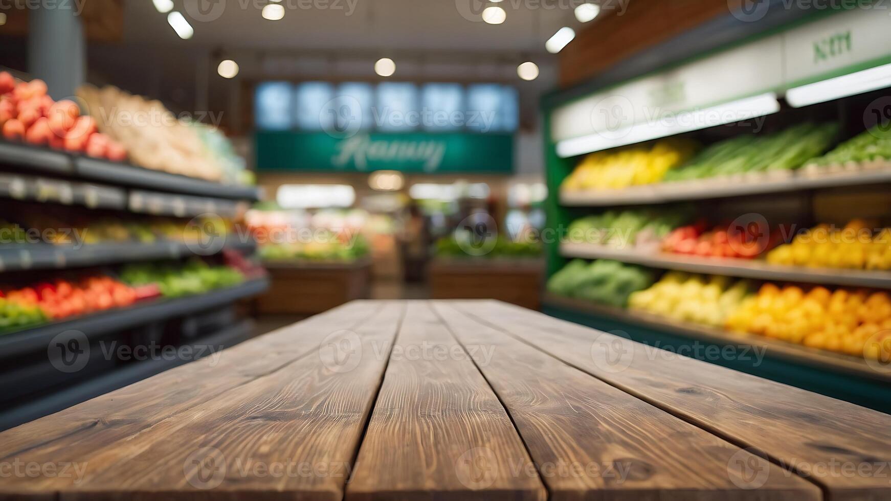 Empty wooden table with beautiful supermarket background, photorealistic photo