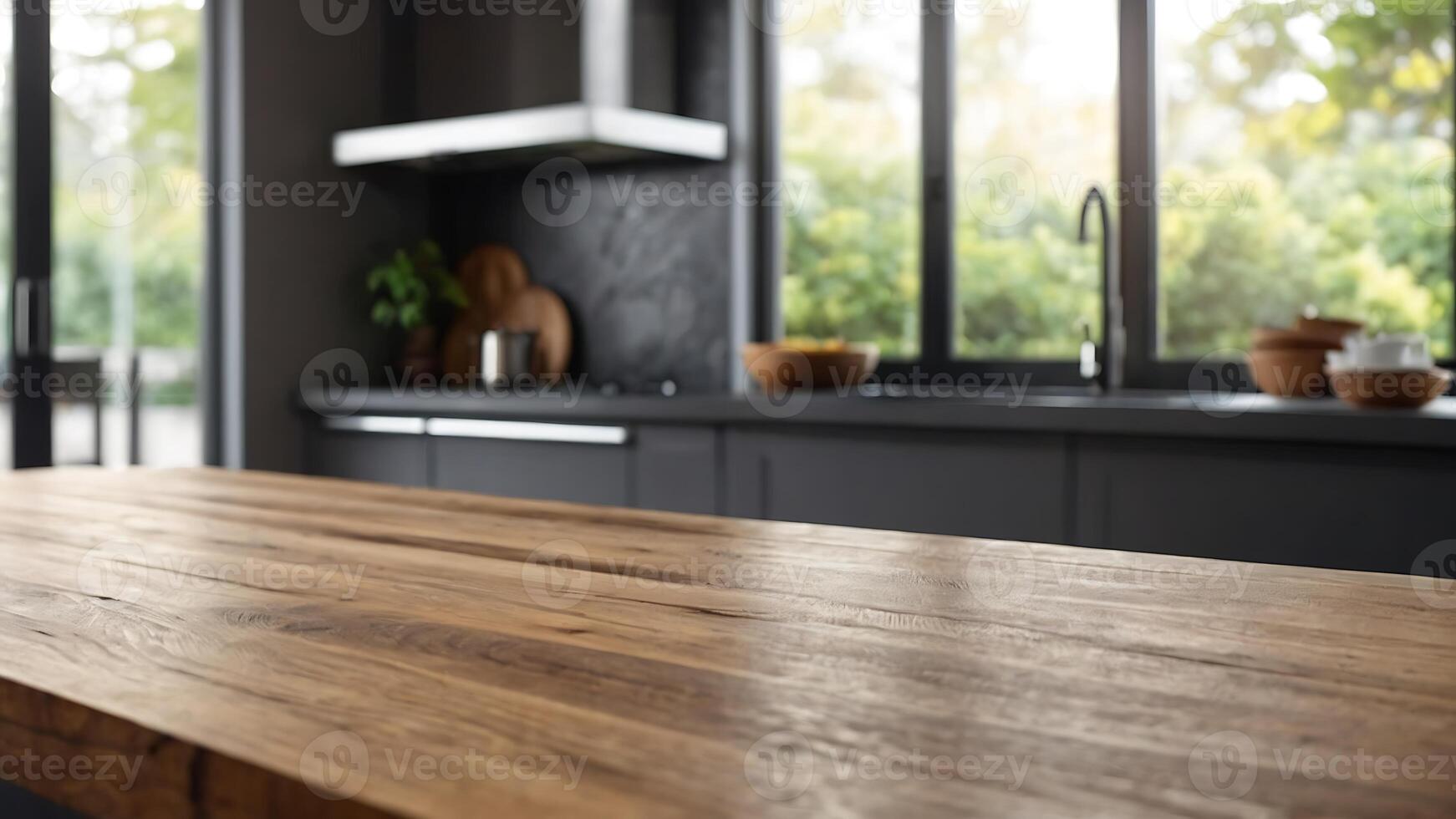 Beautiful wood table top and blur bokeh modern kitchen interior background in clean and bright, studio warm light photo