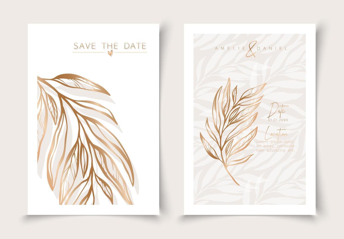 Set of cards minimal hand drawn branch elements in gold line art style. Botanical leaves frame template. Editable vector design card for advertising, cover, wedding invitation, poster or save the date
