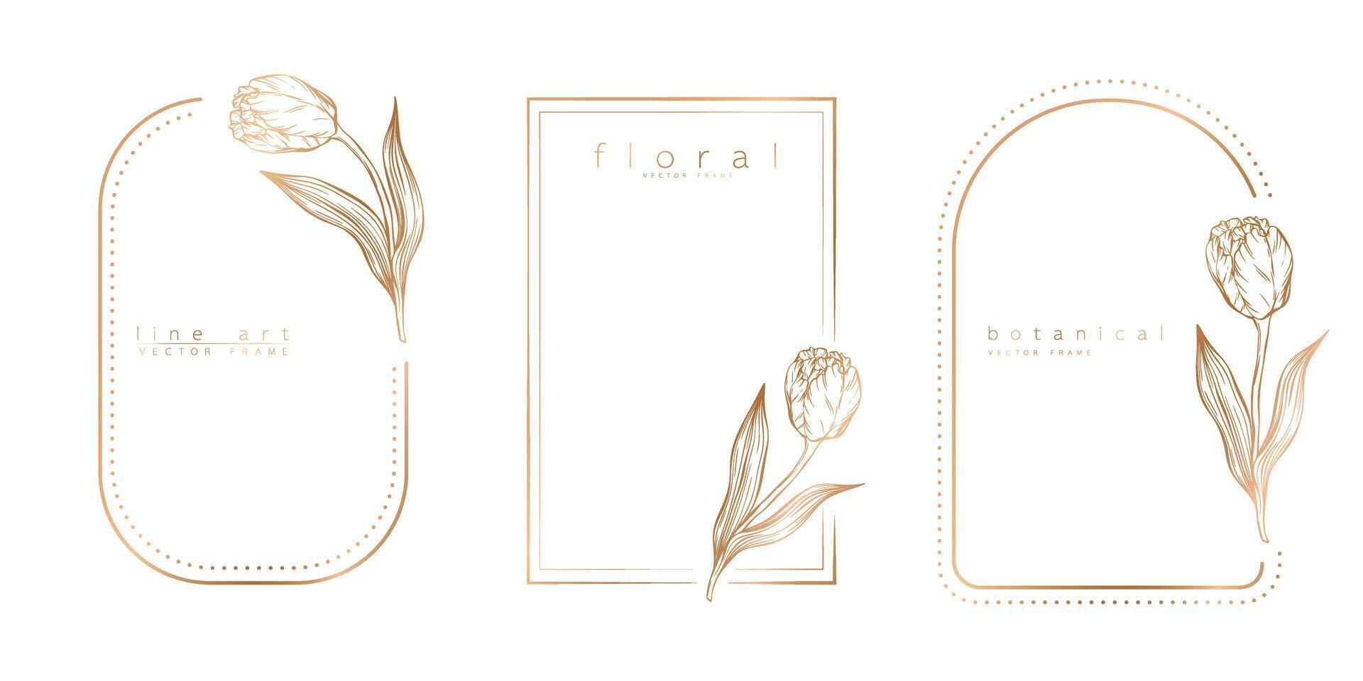 Set of frame templates in minimal linear style with hand drawn tulips. Elegant tulip border. Floral vector illustration for labels, corporate identity, wedding invitation, logo, save the date.