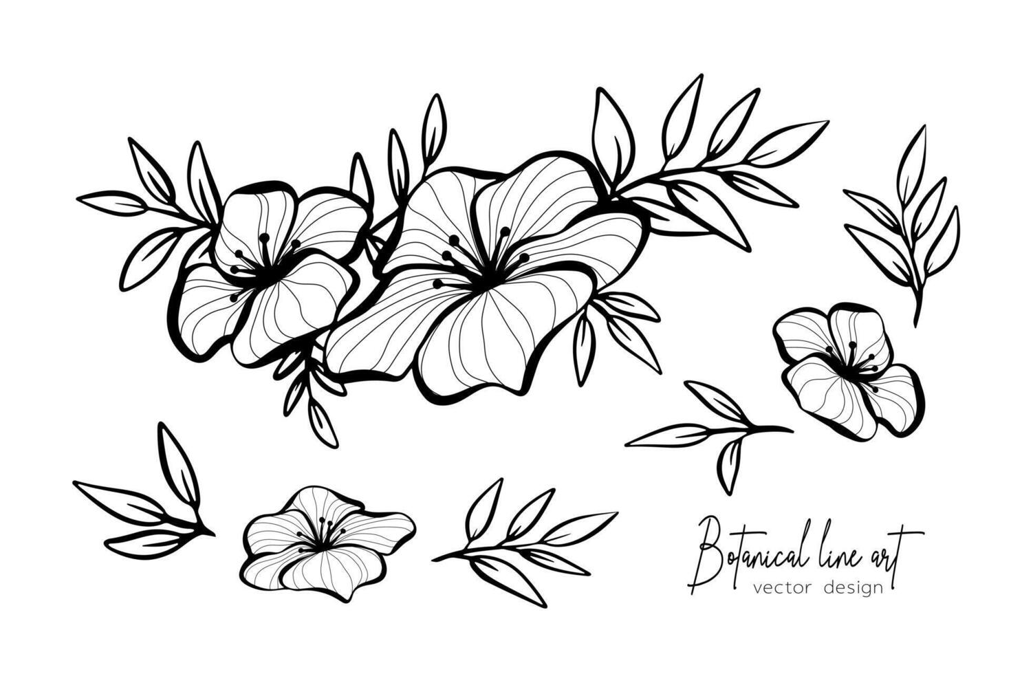 Botanical elegant line art illustration of flower leaves branch for wedding invitation and cards, logo design, web, social media and poster, template, advertisement, beauty and cosmetic industry. vector
