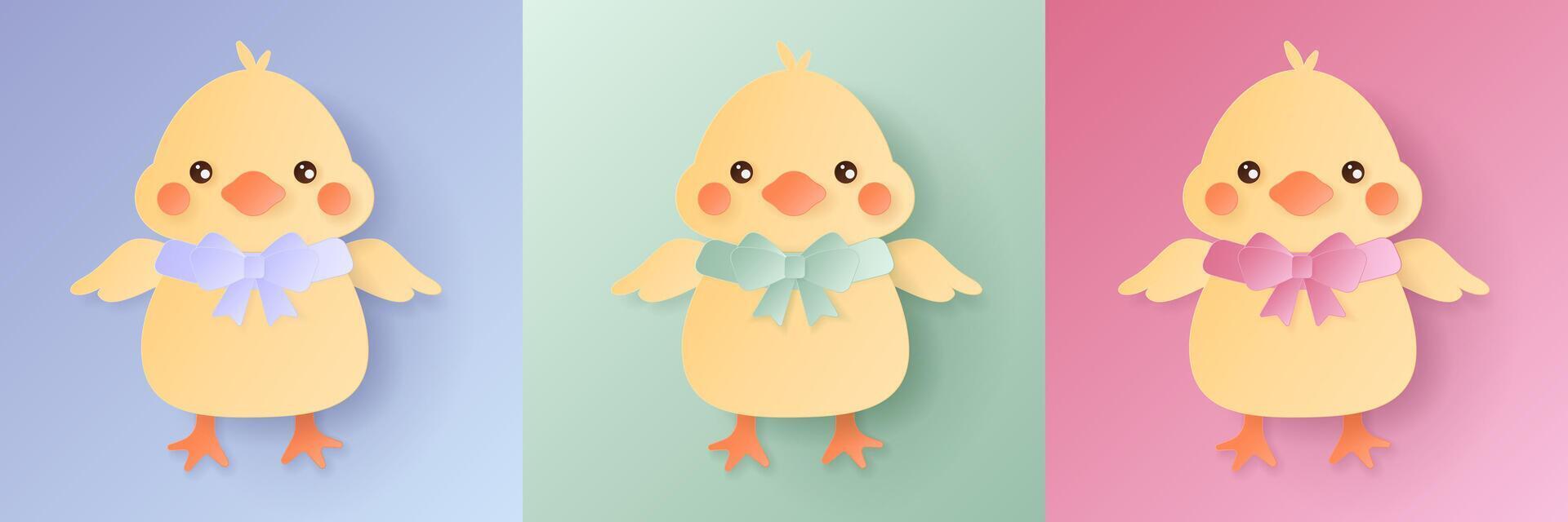Set of pastel colored 3D chicken shape design. Collection of geometric backdrop for easter product, spring festival design, happy easter card, presentation, luxury banner, cover and web. vector