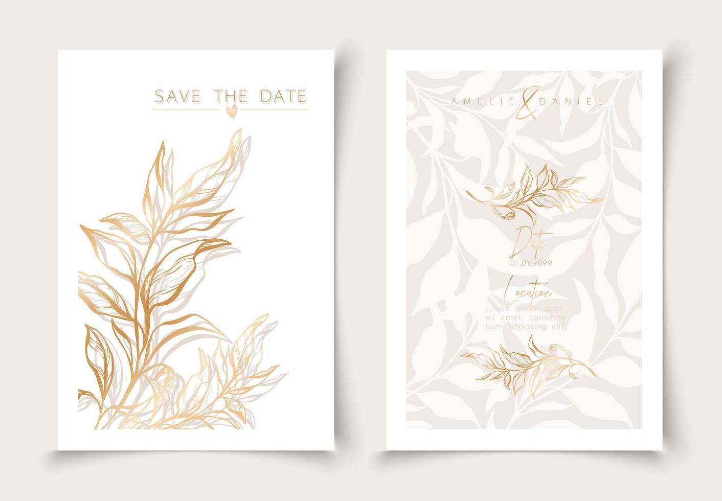 conjunto de tarjetas mínimo mano dibujado rama elementos en oro línea Arte estilo. botánico hojas marco modelo. editable vector diseño tarjeta para publicidad, cubrir, Boda invitación, póster o salvar el fecha