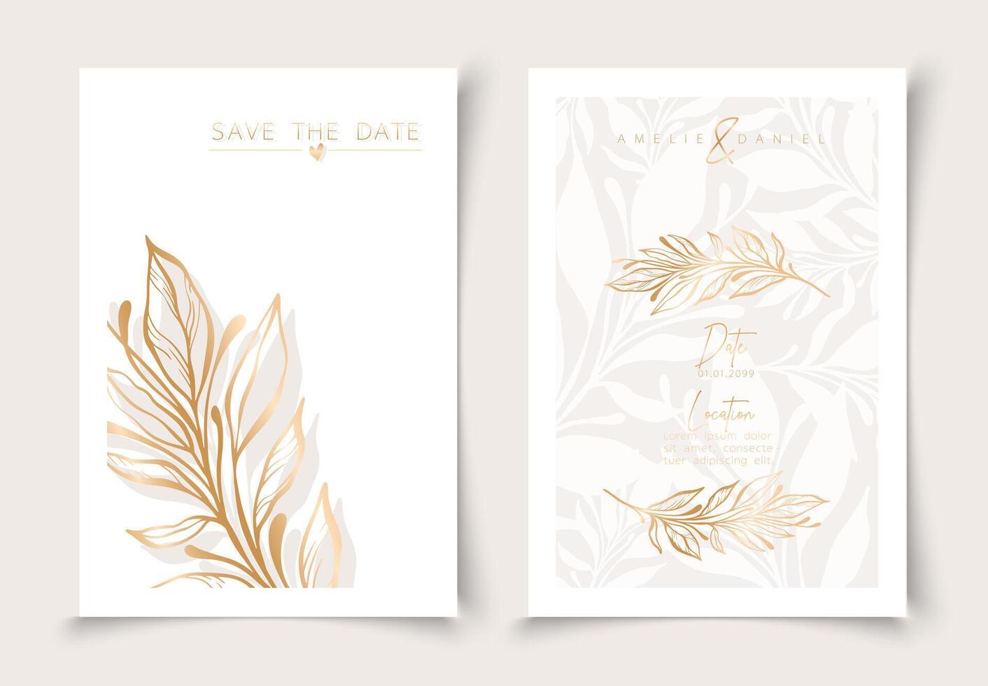 Set of cards minimal hand drawn branch elements in gold line art style. Botanical leaves frame template. Editable vector design card for advertising, cover, wedding invitation, poster or save the date