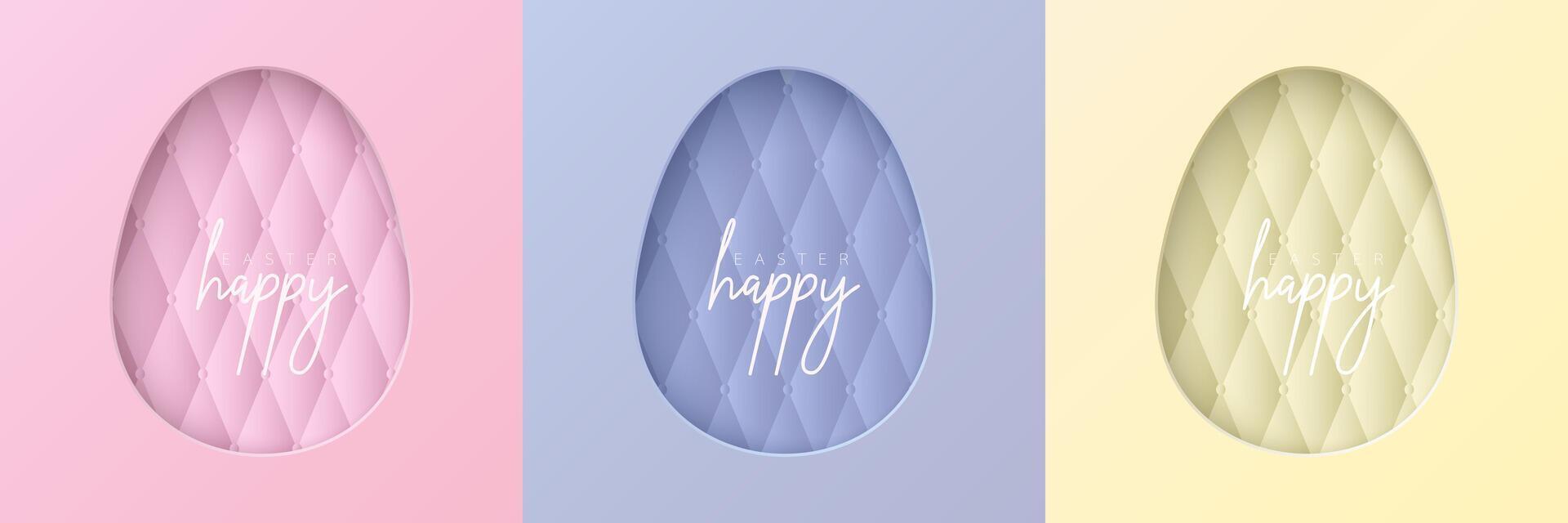 Set of pastel colored 3D egg shape frame design. Collection of geometric backdrop for easter product display, spring festival design, happy easter card, presentation, luxury banner, cover and web. vector