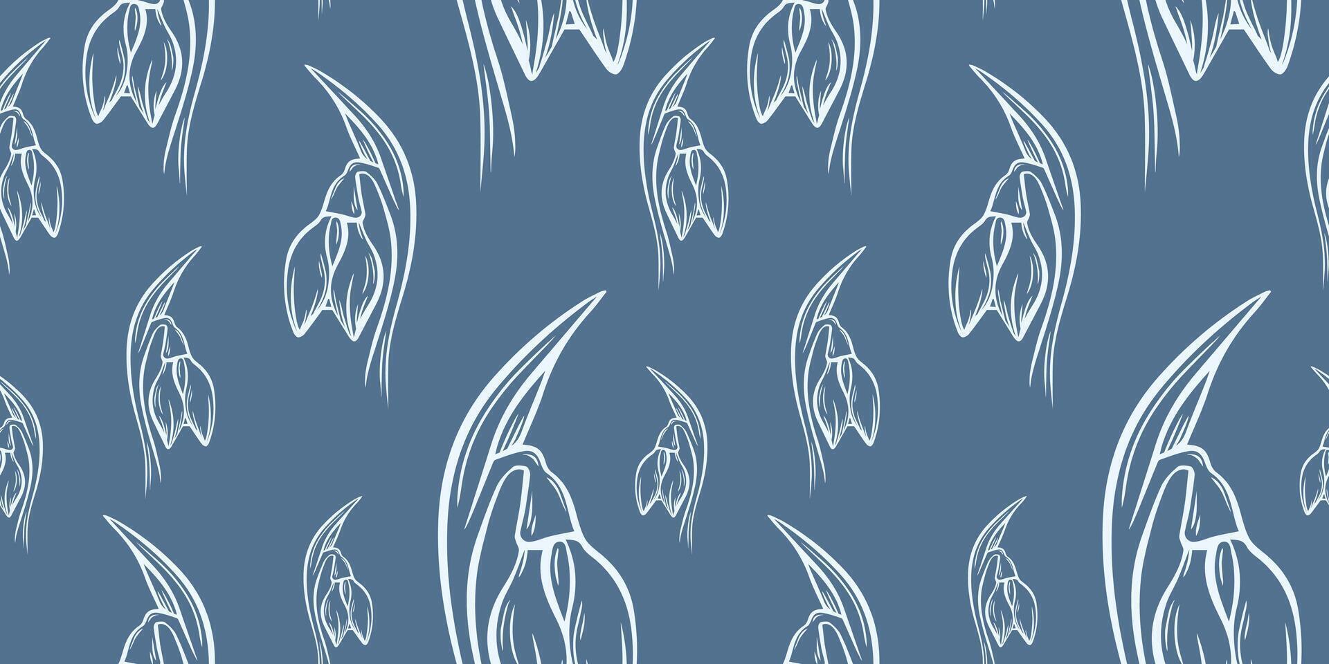 Botanical snowdrop flower seamless pattern. Hand drawn line art with winter leaves and flowers for wedding invitation and cards, textile products, wrapping paper, wallpaper and posters template. vector