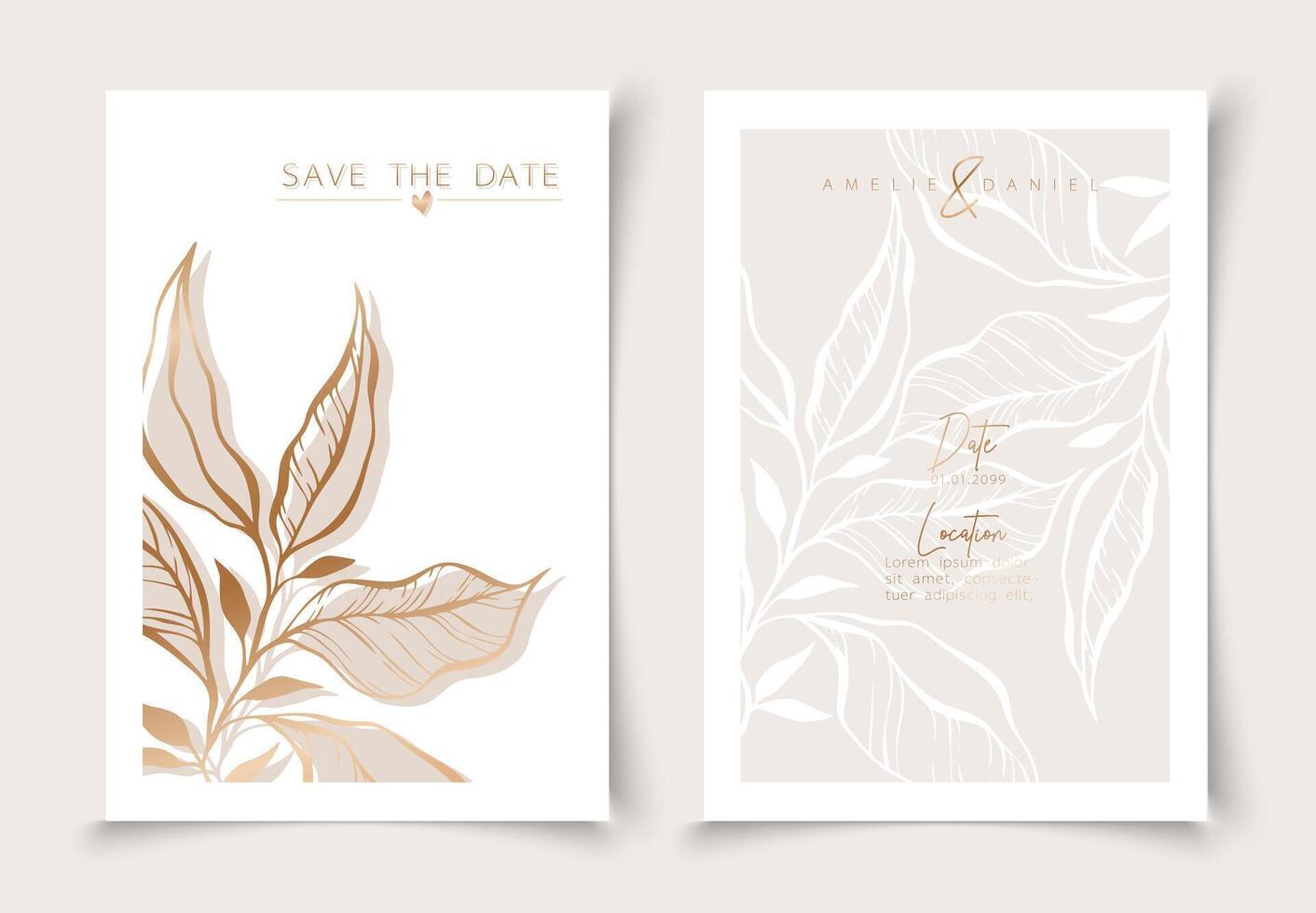 Set of cards minimal hand drawn branch elements in gold line art style. Botanical leaves frame template. Editable vector design card for advertising, cover, wedding invitation, poster or save the date