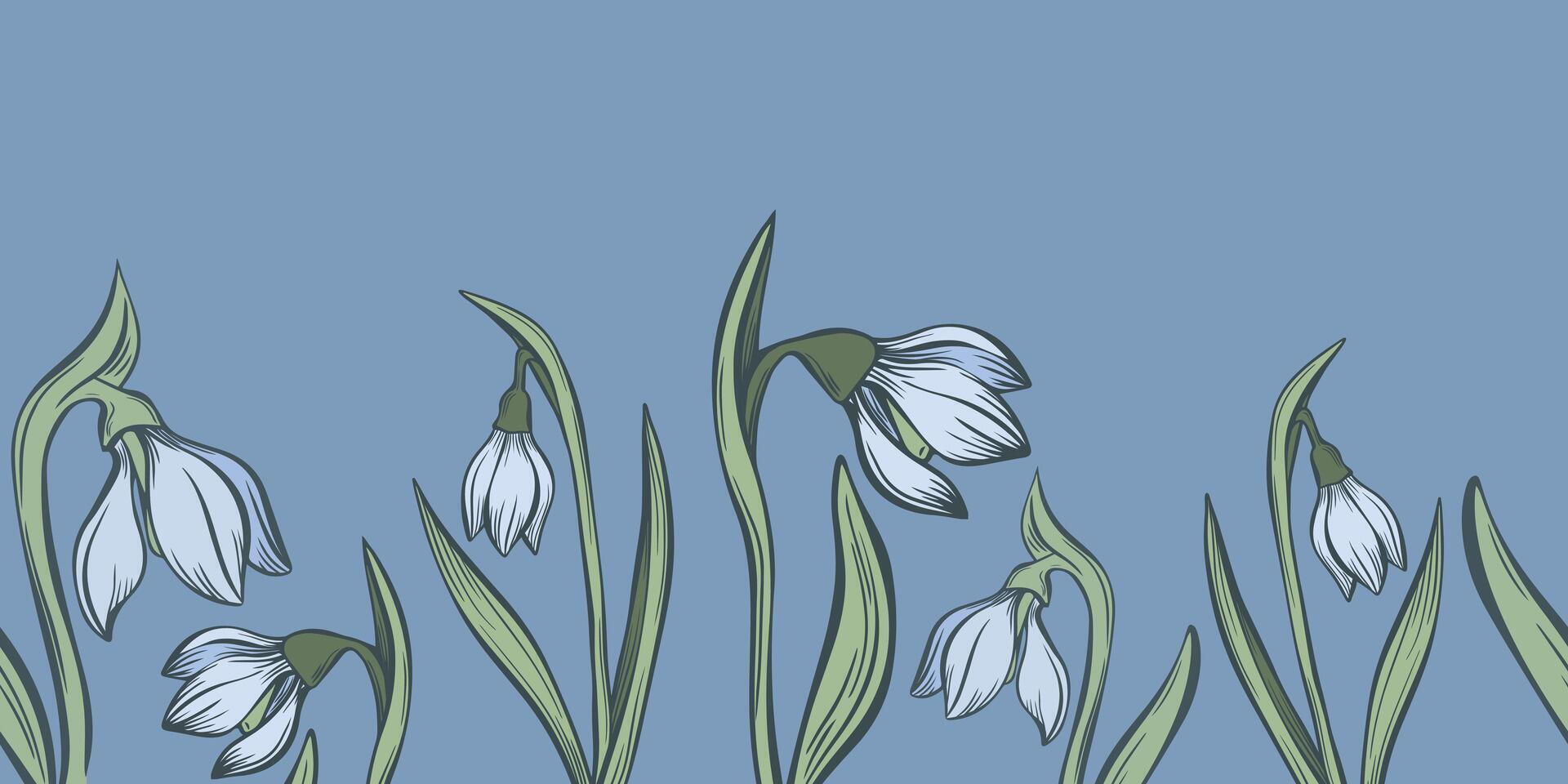Botanical snowdrop flower seamless pattern. Hand drawn line art with winter leaves and flowers for wedding invitation and cards, textile products, wrapping paper, wallpaper and posters template. vector