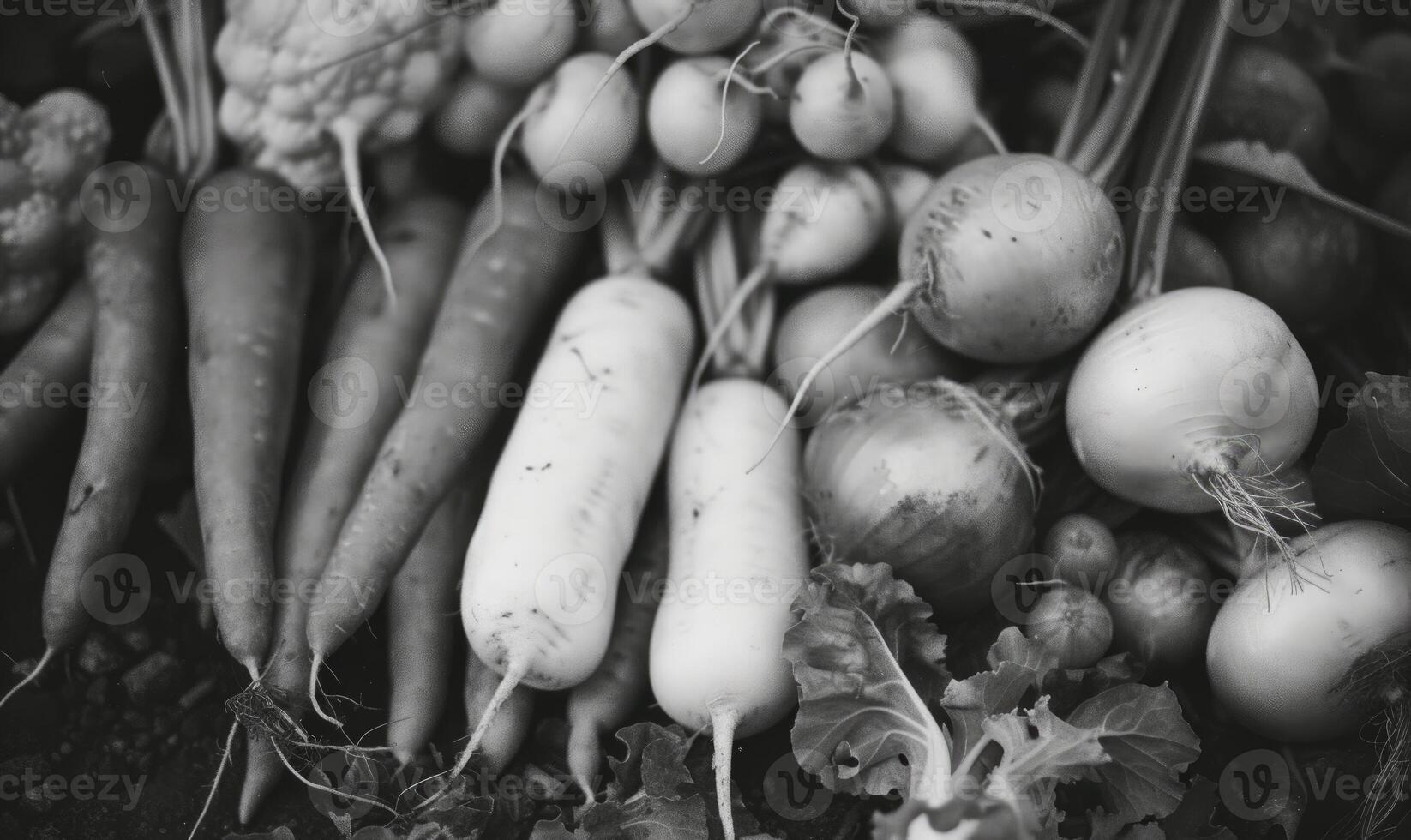 AI generated Harvesting vegetables. Black and white photo. Top view. photo