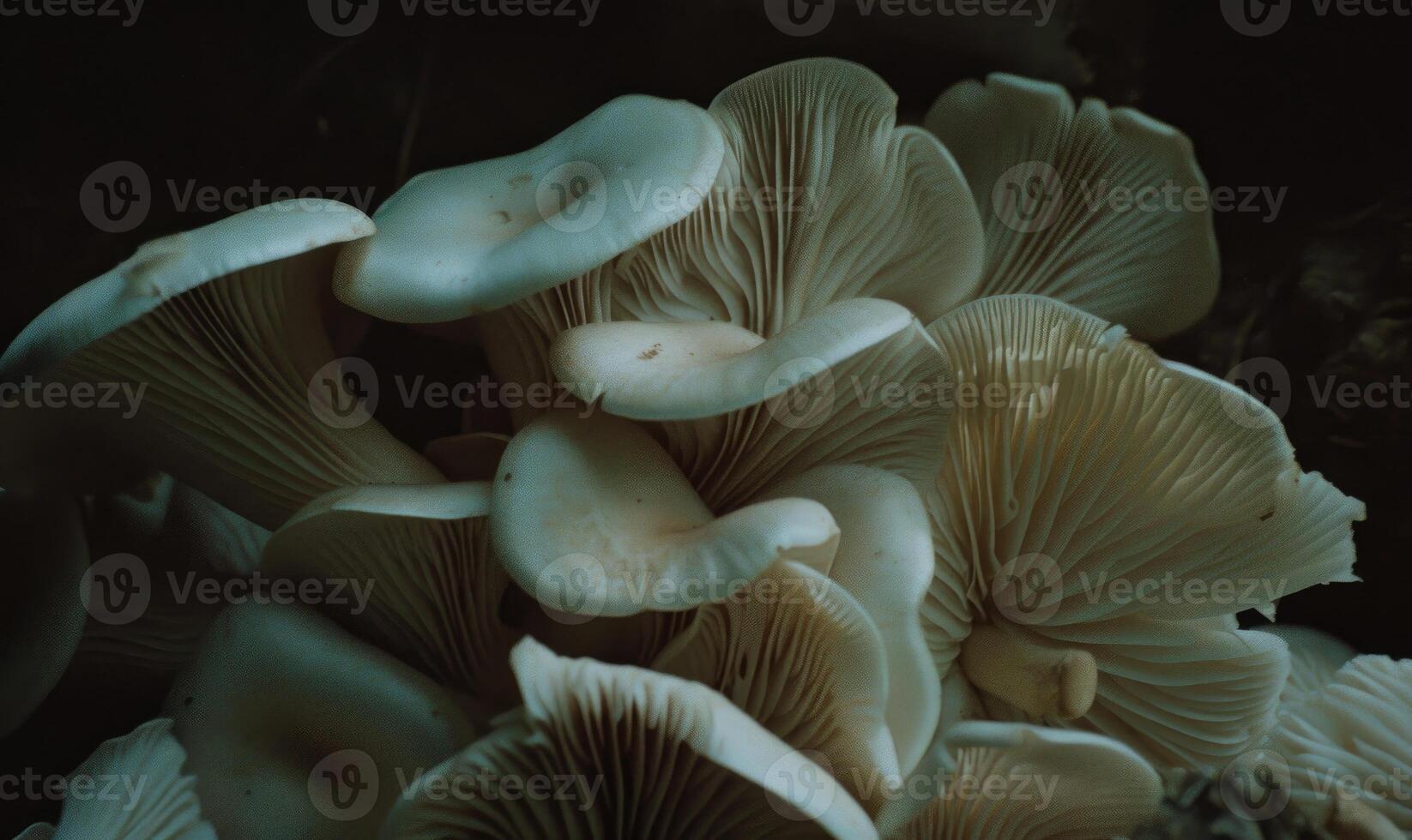 AI generated Oyster mushrooms on a dark background. Selective focus. photo