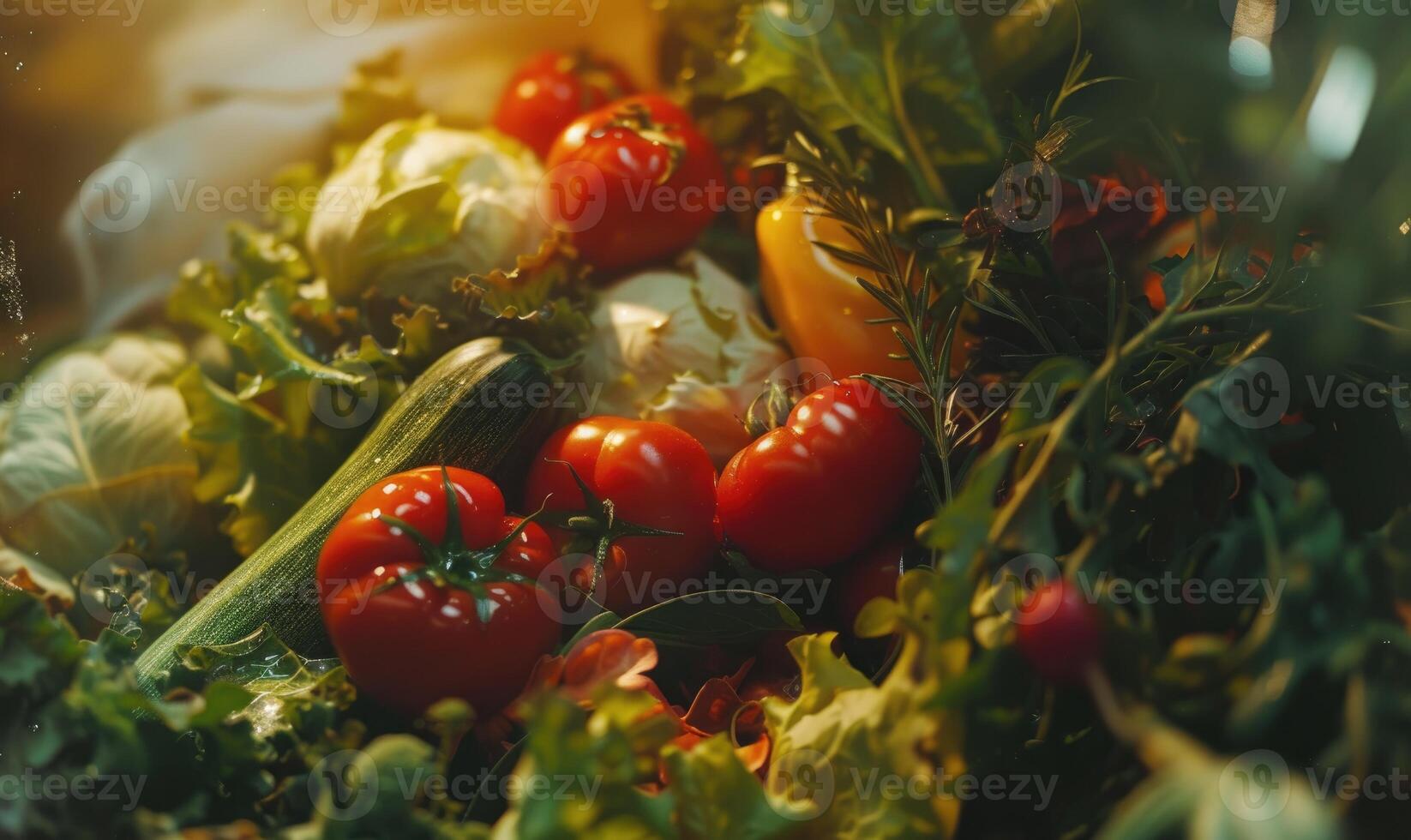 AI generated Tomatoes background. Top view of different varieties of tomatoes. Vegetables background. photo