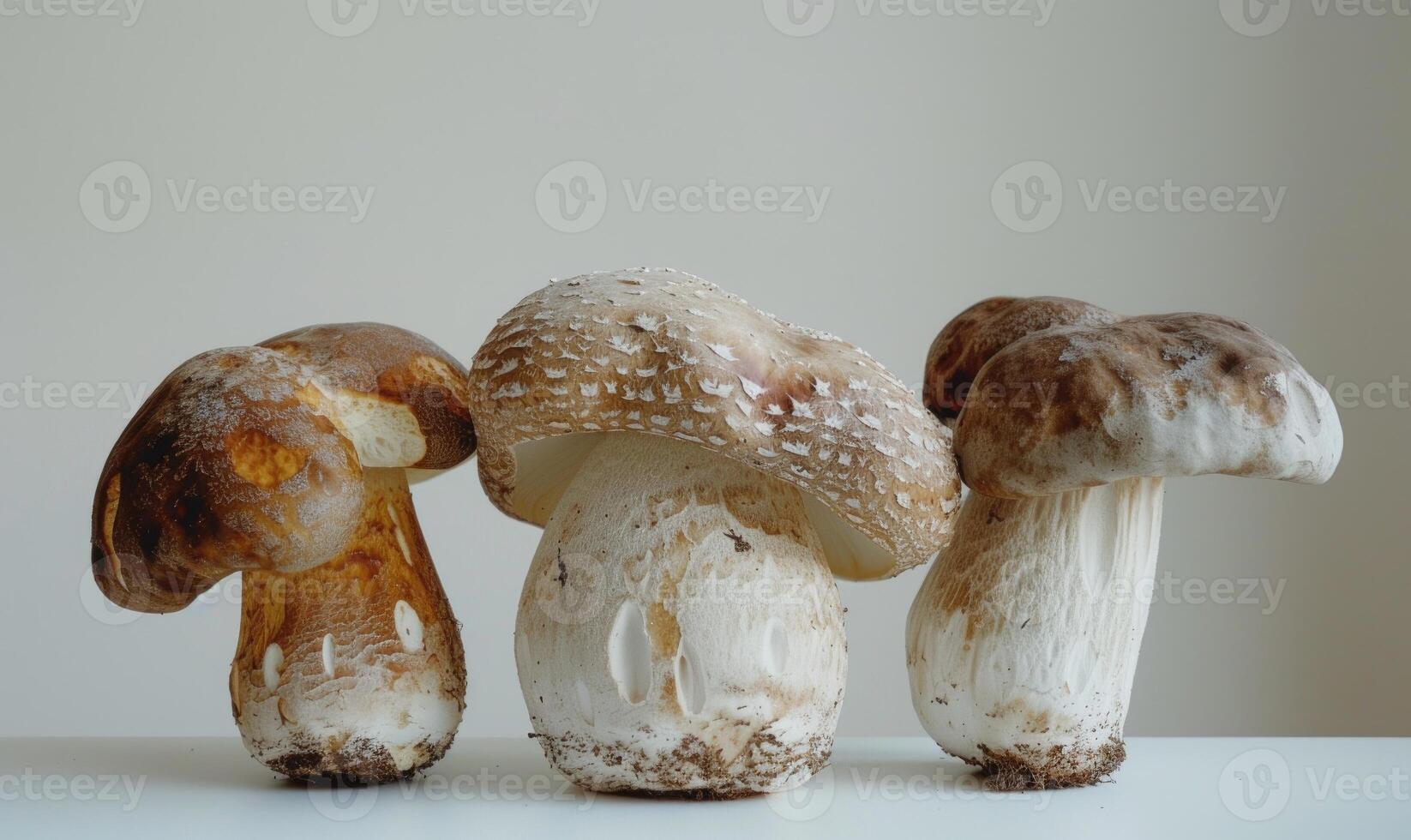 AI generated Three porcini mushrooms on a white background, close-up photo