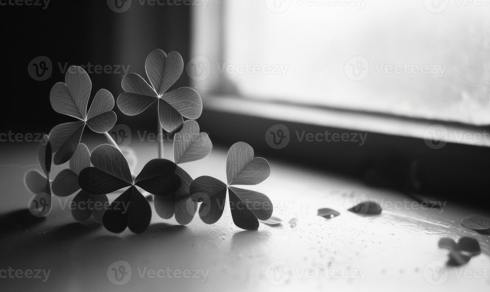 AI generated Small paper shamrocks on the windowsill. Black and white photo. photo