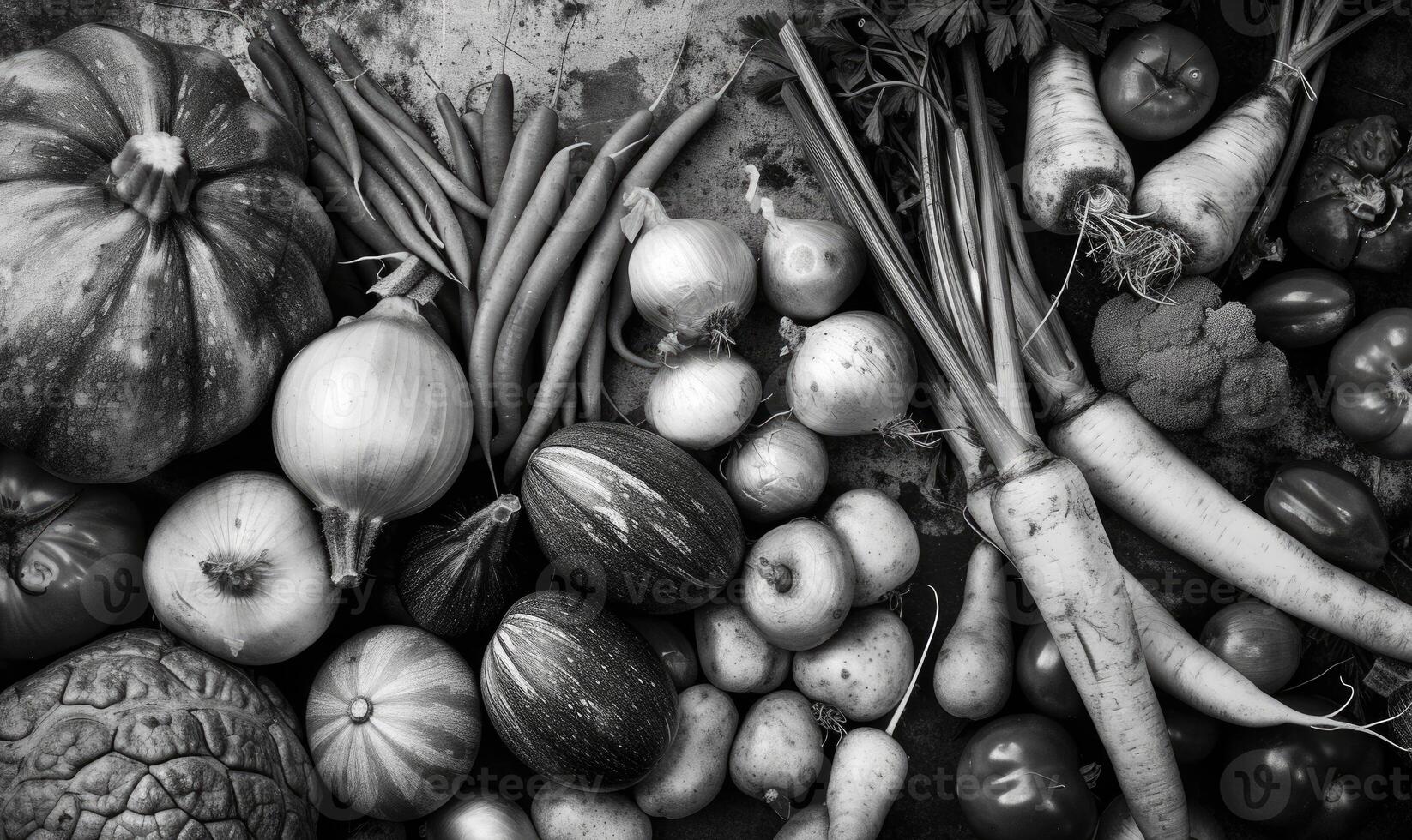 AI generated Still life with vegetables on a rustic background. Black and white. photo