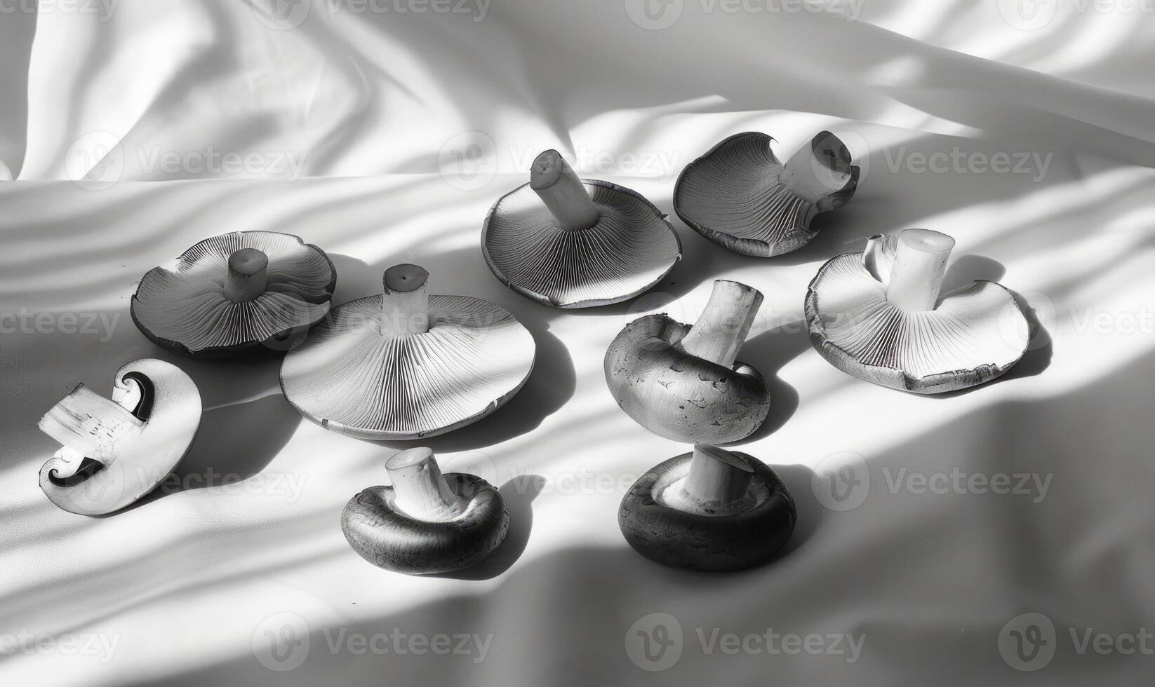 AI generated Group of mushrooms on a white background. Black and white photo. photo