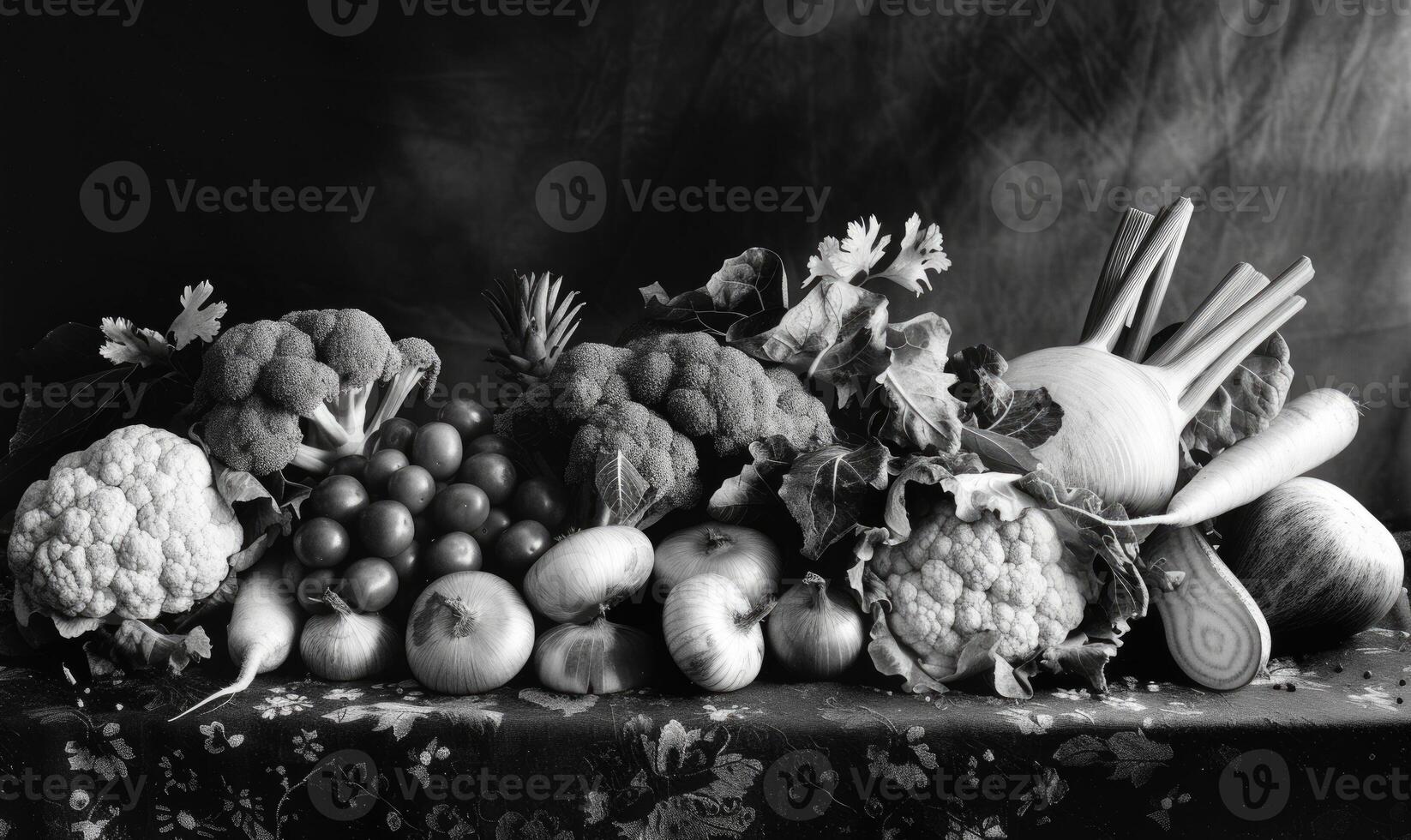 AI generated Still life with vegetables on a rustic background. Black and white. photo