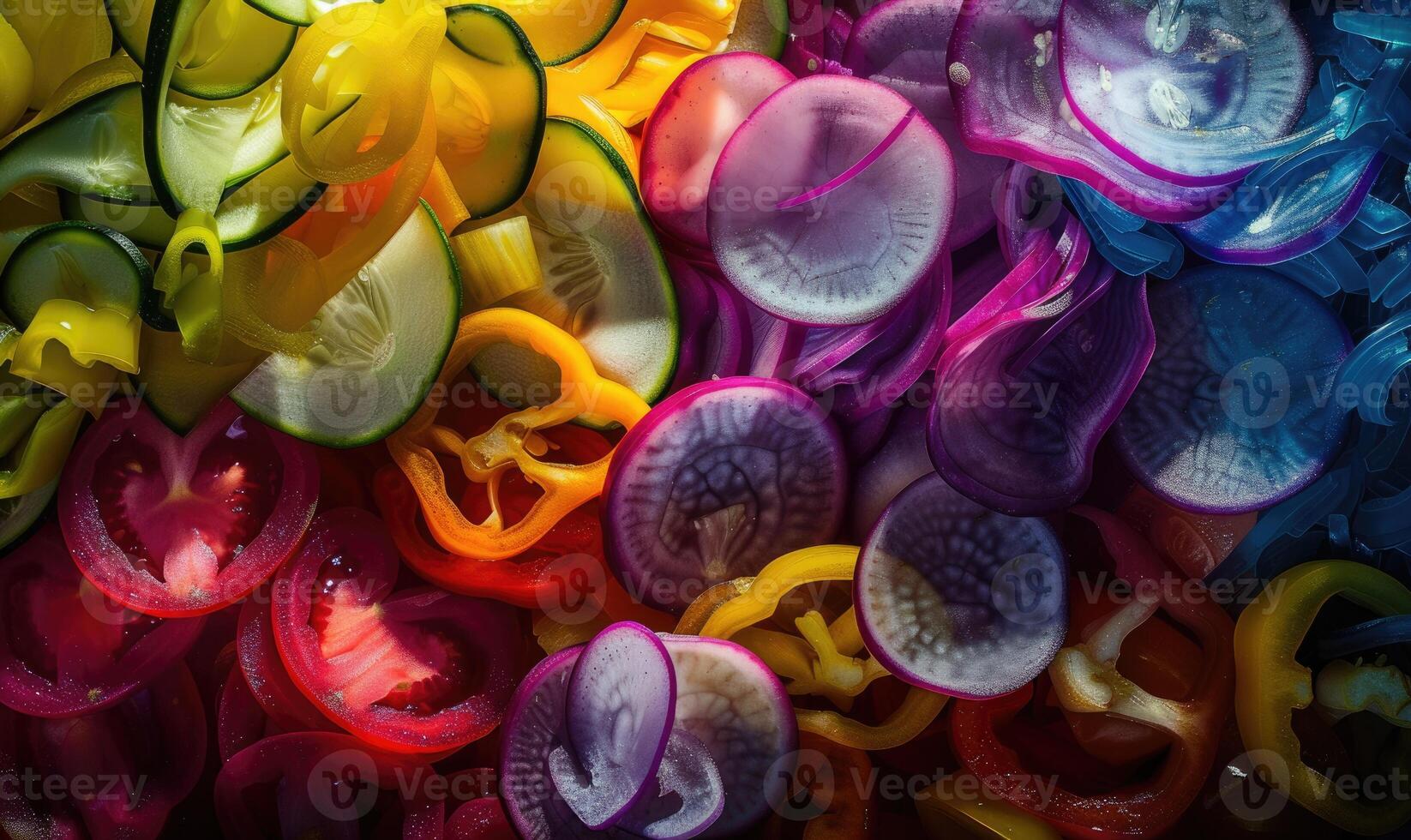 AI generated Colorful slices of bell pepper and onion as a background. Close up. photo