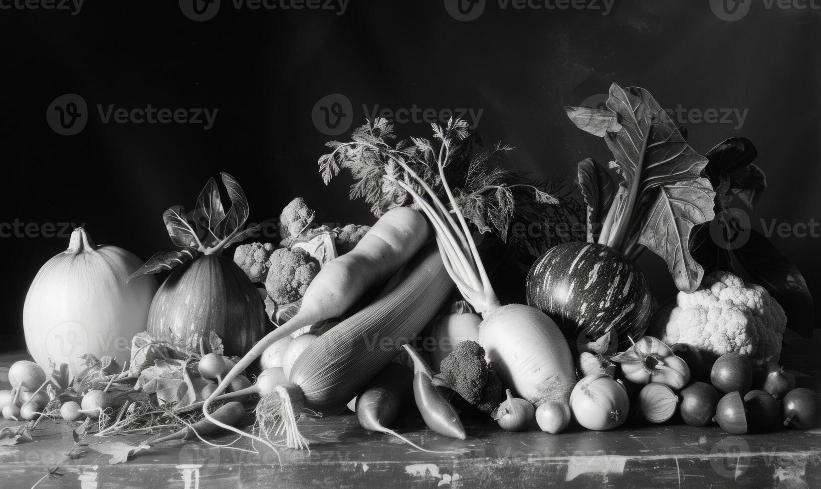 AI generated Composition with variety of raw vegetables. Black and white image. photo