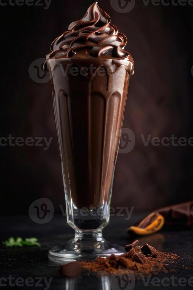 AI generated chocolate milkshake with a straw on a dark background photo