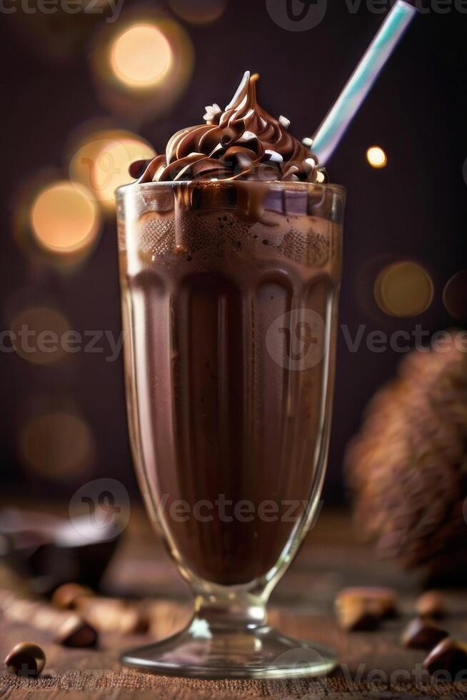 AI generated chocolate milkshake with a straw on a dark background photo