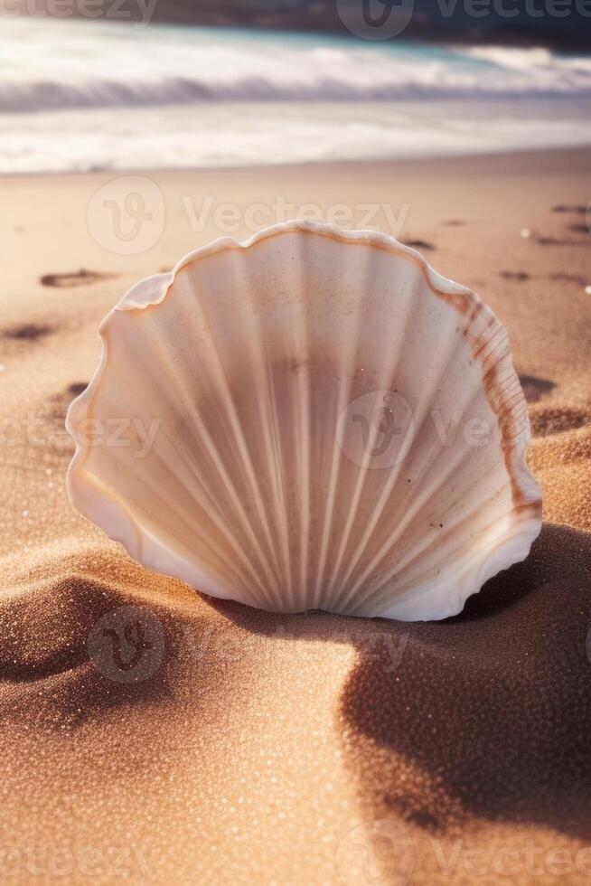 AI generated a shell on the sand with waves in the background photo