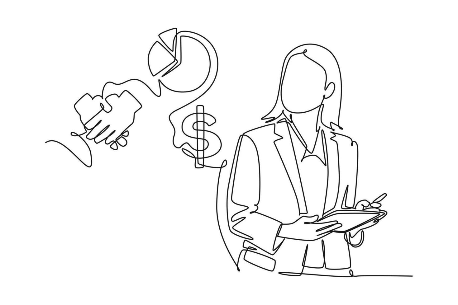 Continuous one line drawing Business icons are floating above head concept. Doodle vector illustration.