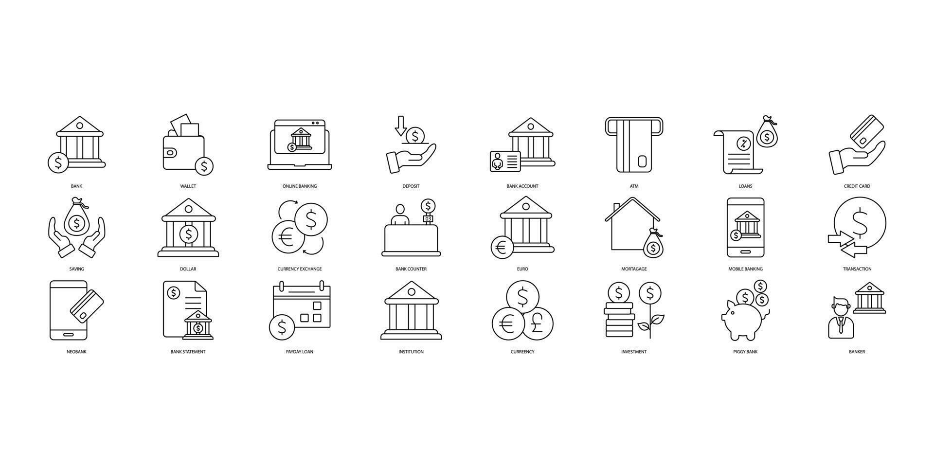 bank icons set. Set of editable stroke icons.Vector set of bank vector