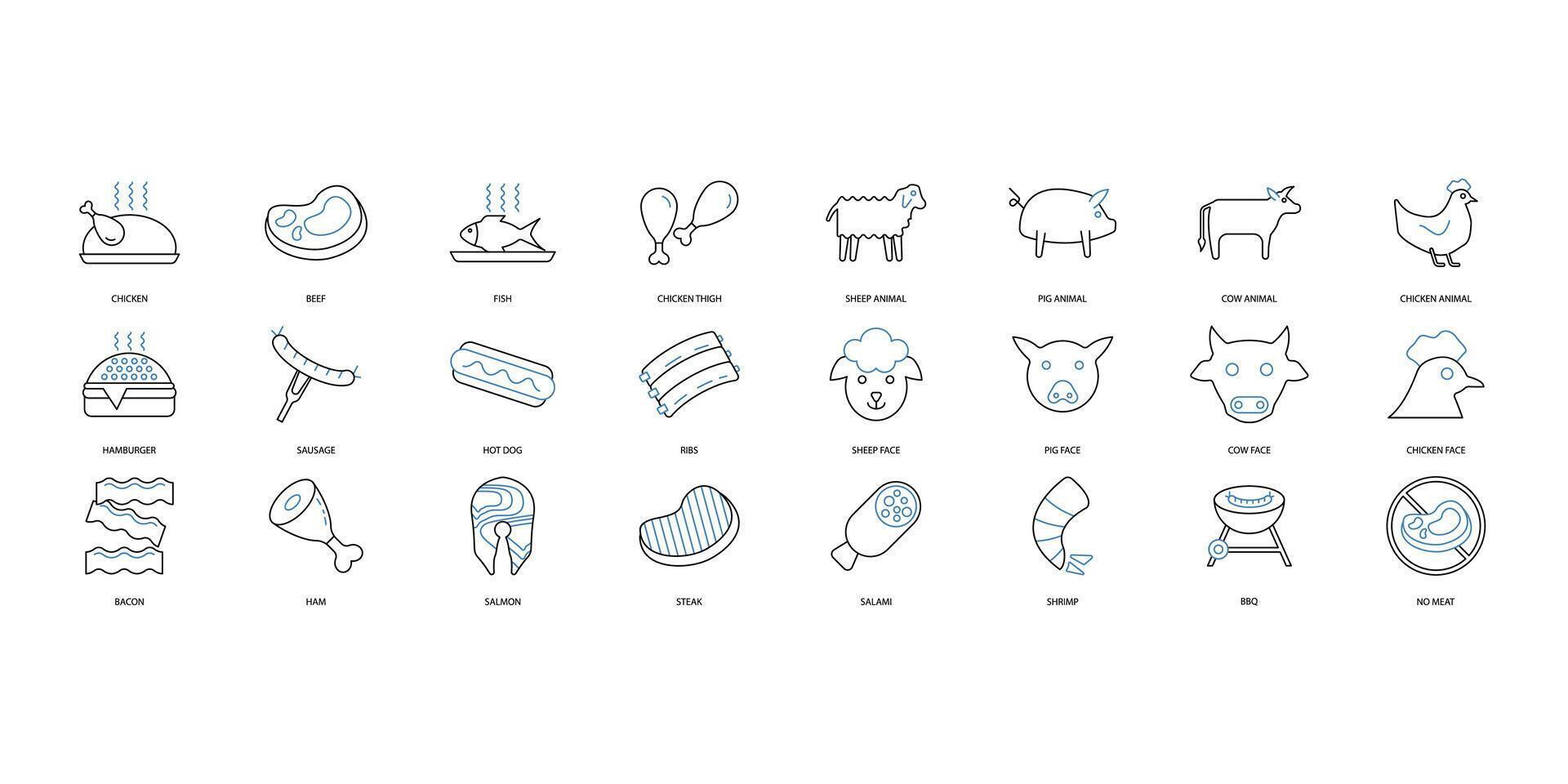 meat icons set. Set of editable stroke icons.Vector set of meat vector