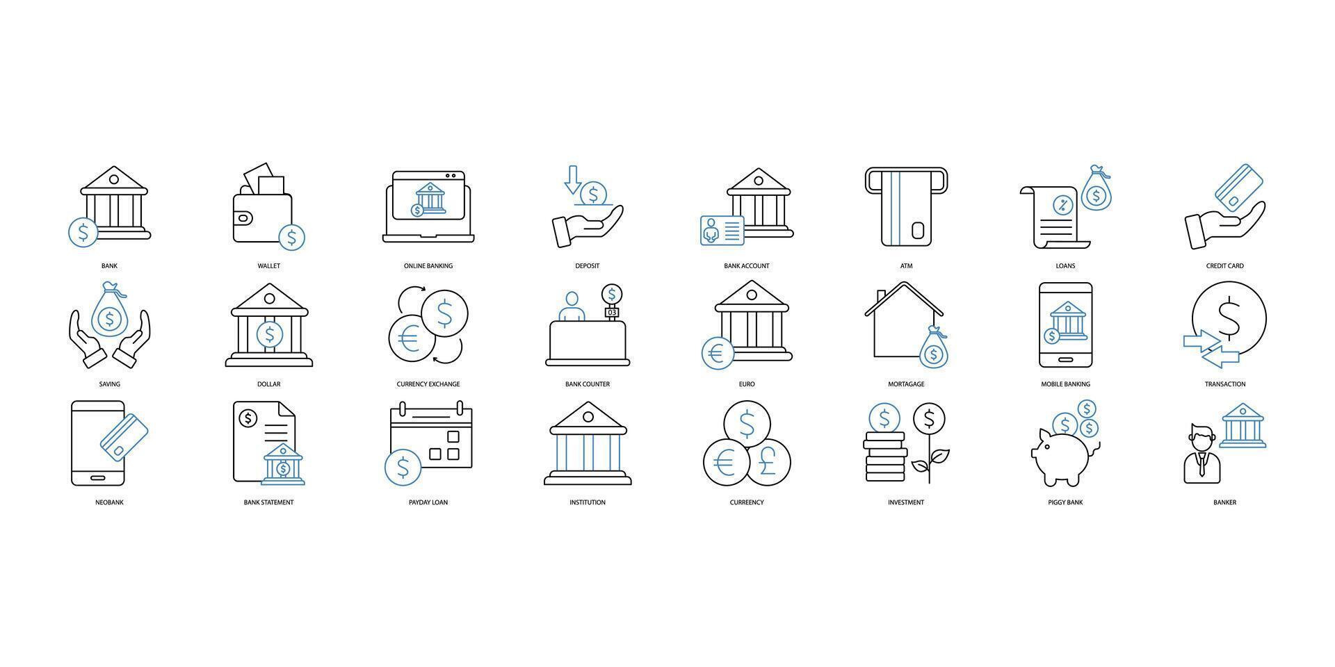 bank icons set. Set of editable stroke icons.Vector set of bank vector