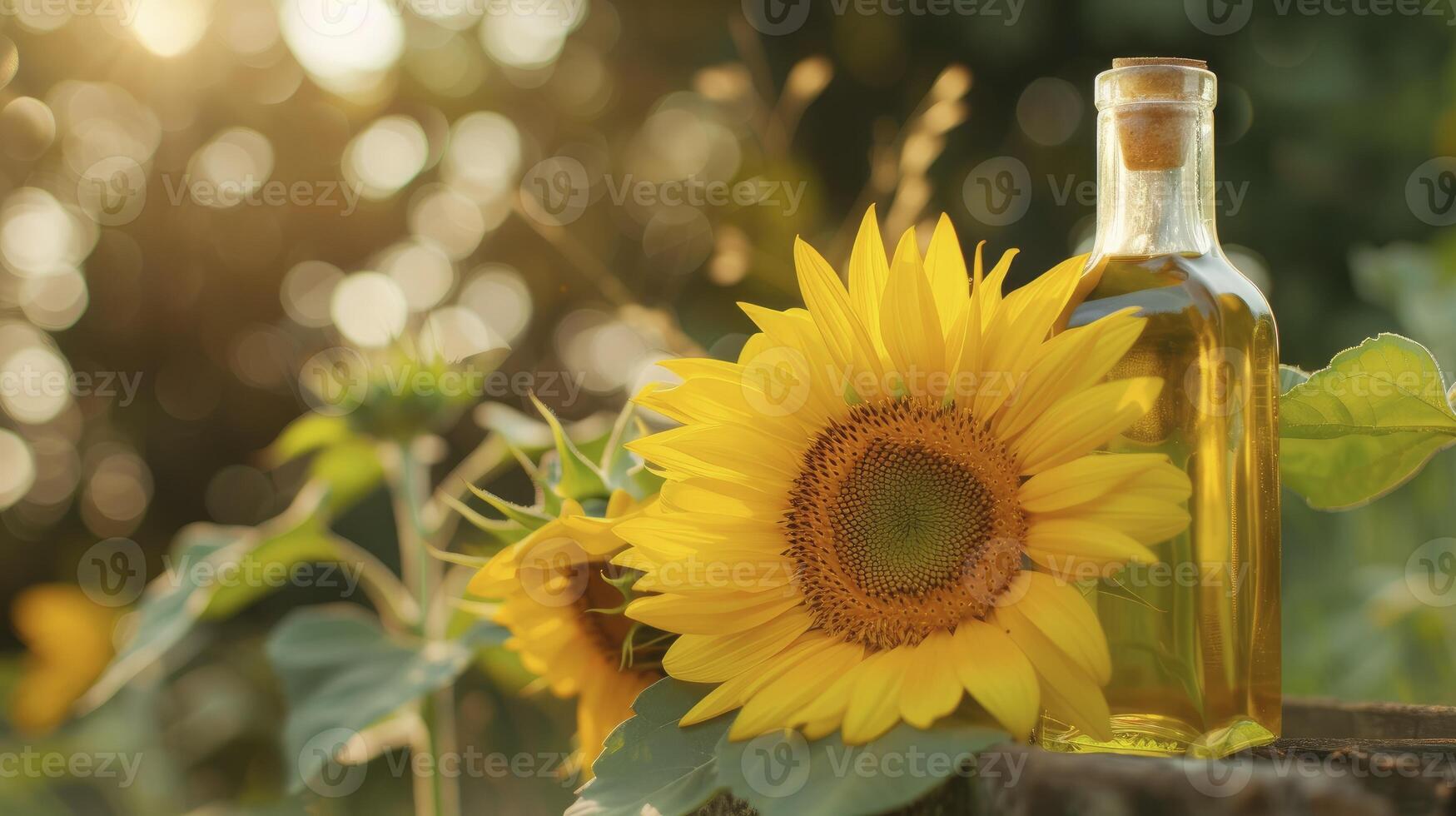 AI generated A sunflower flower and a bottle of sunflower oil photo