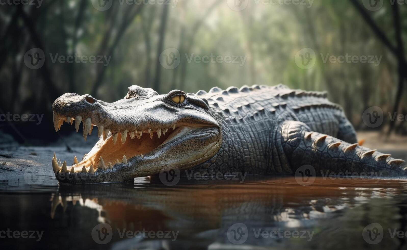 ai generado un cocodrilo apertura sus boca con un agua bosque antecedentes foto