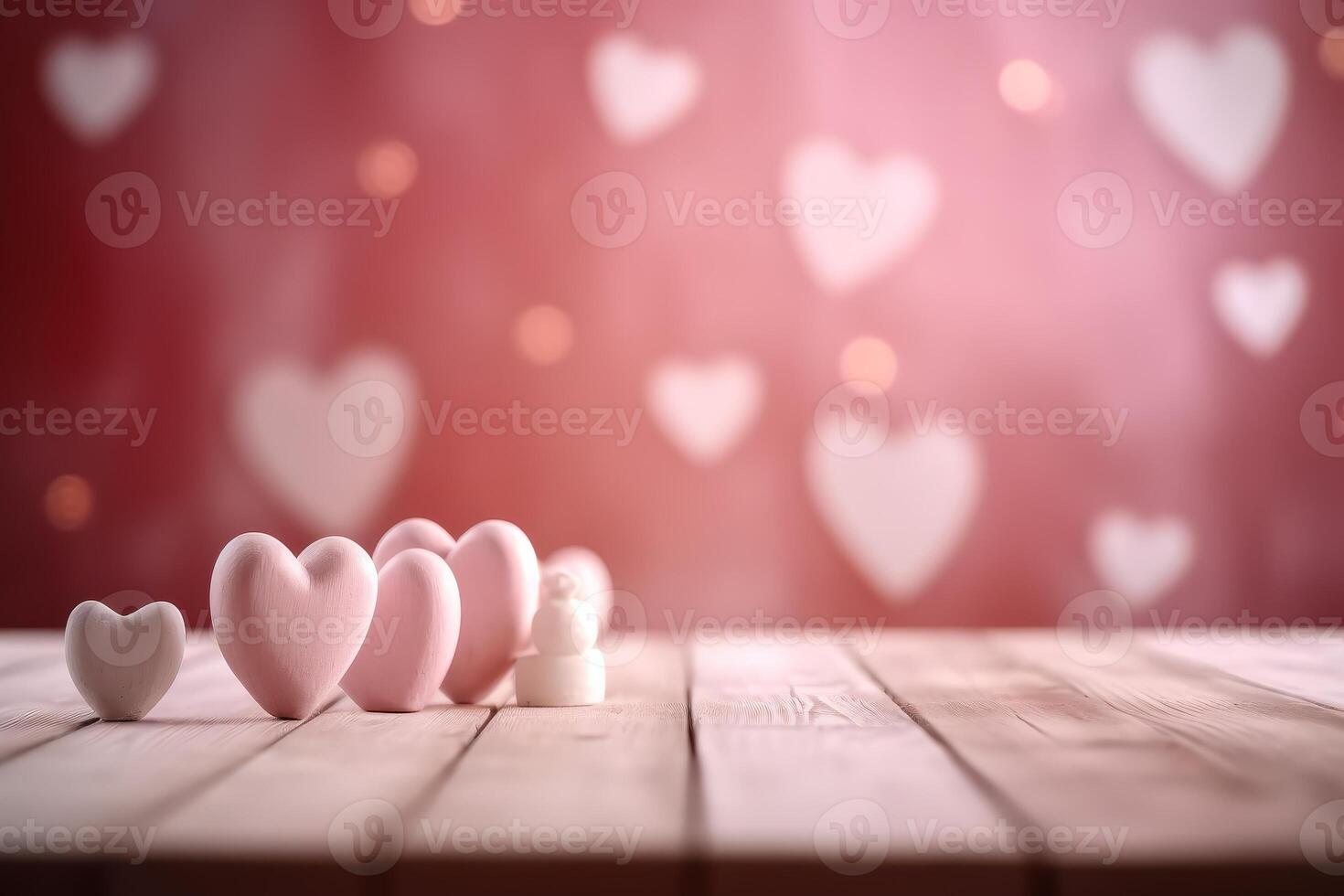 ai generado cerca arriba de rojo corazones en de madera mesa en contra desenfocado luces foto