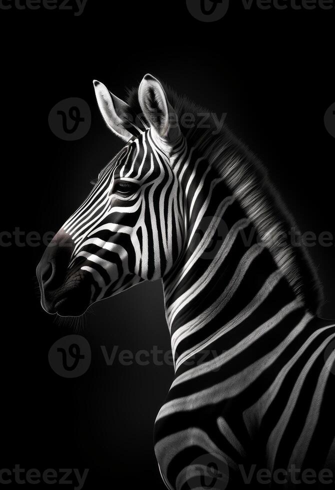 AI generated A monochrome photo of a zebra with a black background