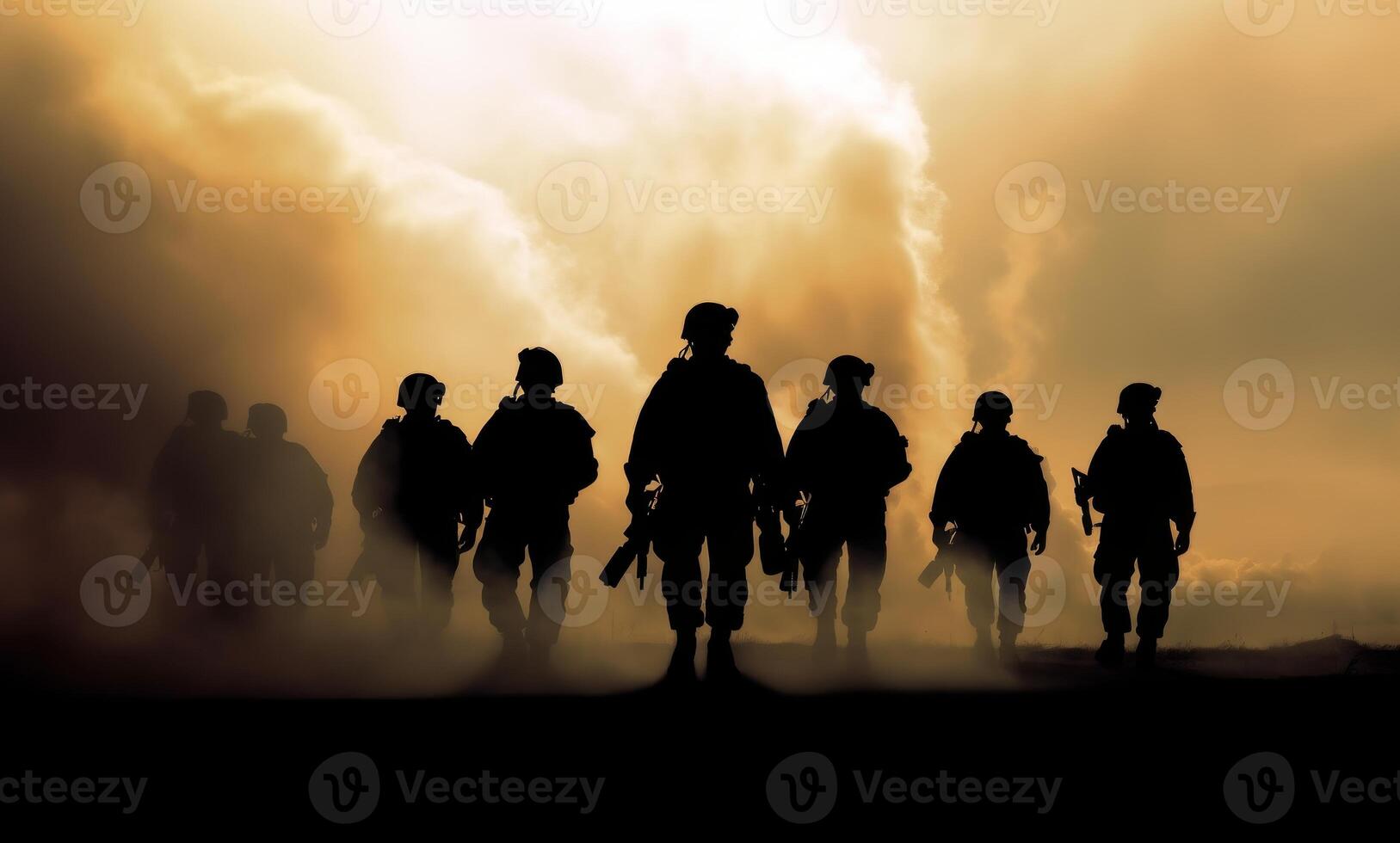 AI generated Battle scene. Military silhouettes fighting scene on war fog sky background. World War Soldiers Silhouettes Below Cloudy Skyline At sunset photo