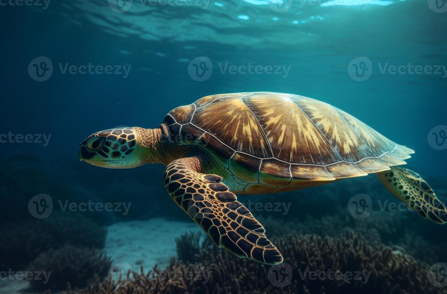 AI generated Sea turtle underwater swimming in the blue sea. Vivid blue ocean with turtle. Scuba diving with wild aquatic animal. photo