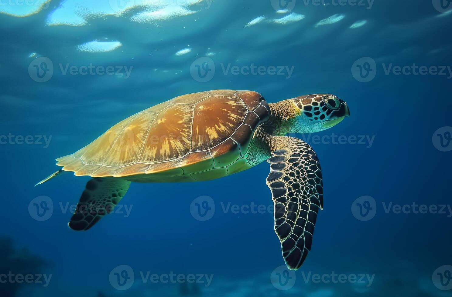 AI generated Sea turtle underwater swimming in the blue sea. Vivid blue ocean with turtle. Scuba diving with wild aquatic animal. photo