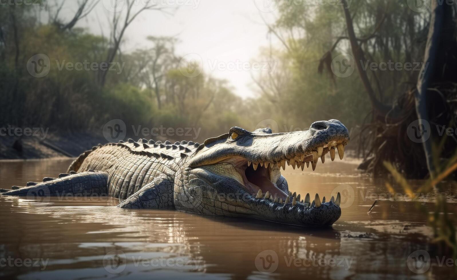 AI generated A crocodile opening its mouth with a water forest background photo