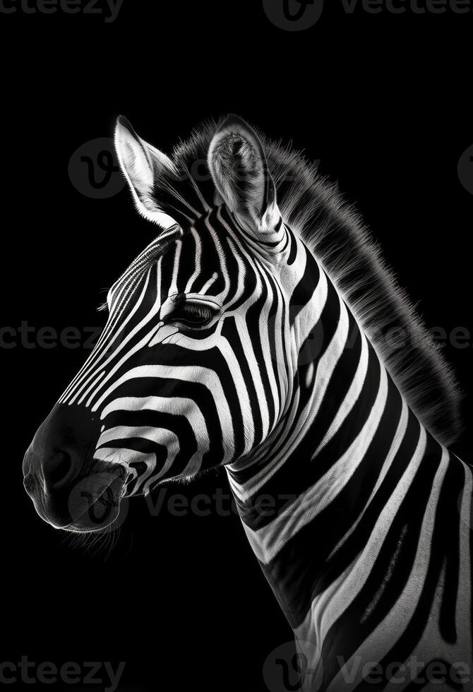 AI generated A monochrome photo of a zebra with a black background