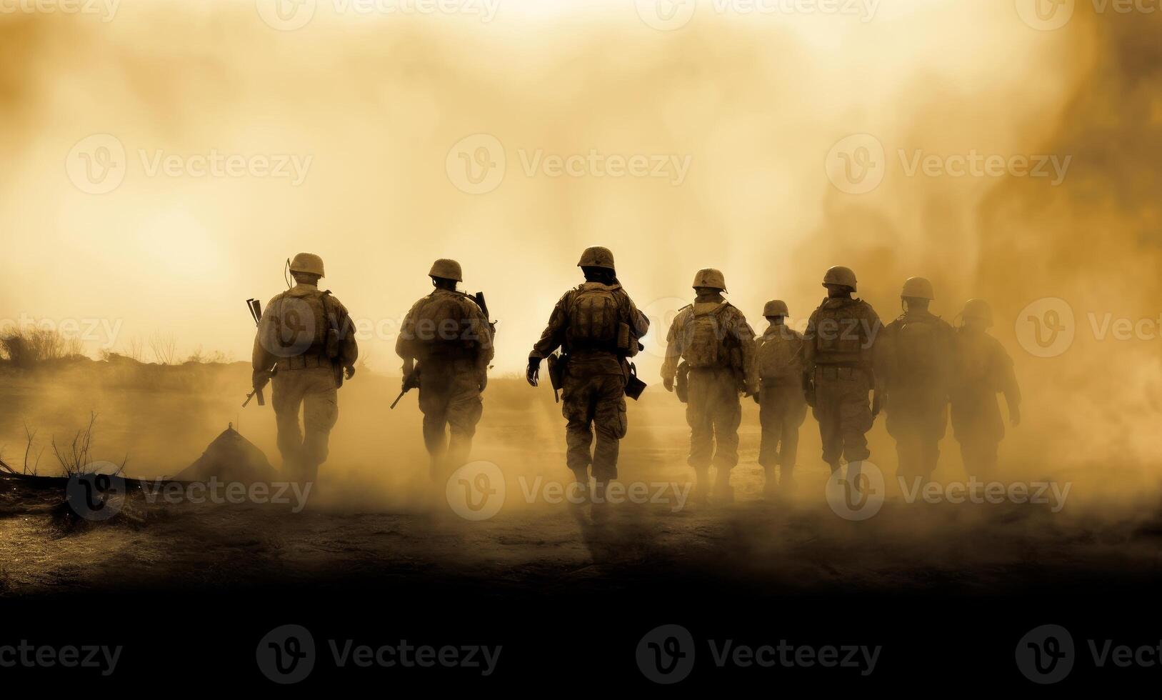 AI generated Battle scene. Military silhouettes fighting scene on war fog sky background. World War Soldiers Silhouettes Below Cloudy Skyline At sunset photo