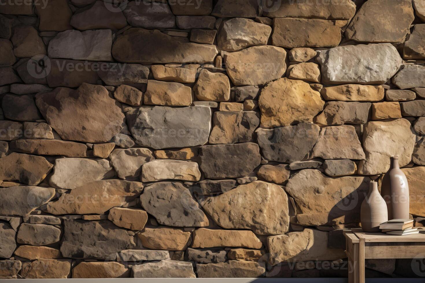 AI generated Loosely Stacked Stone Wall Horizontal Background Image photo