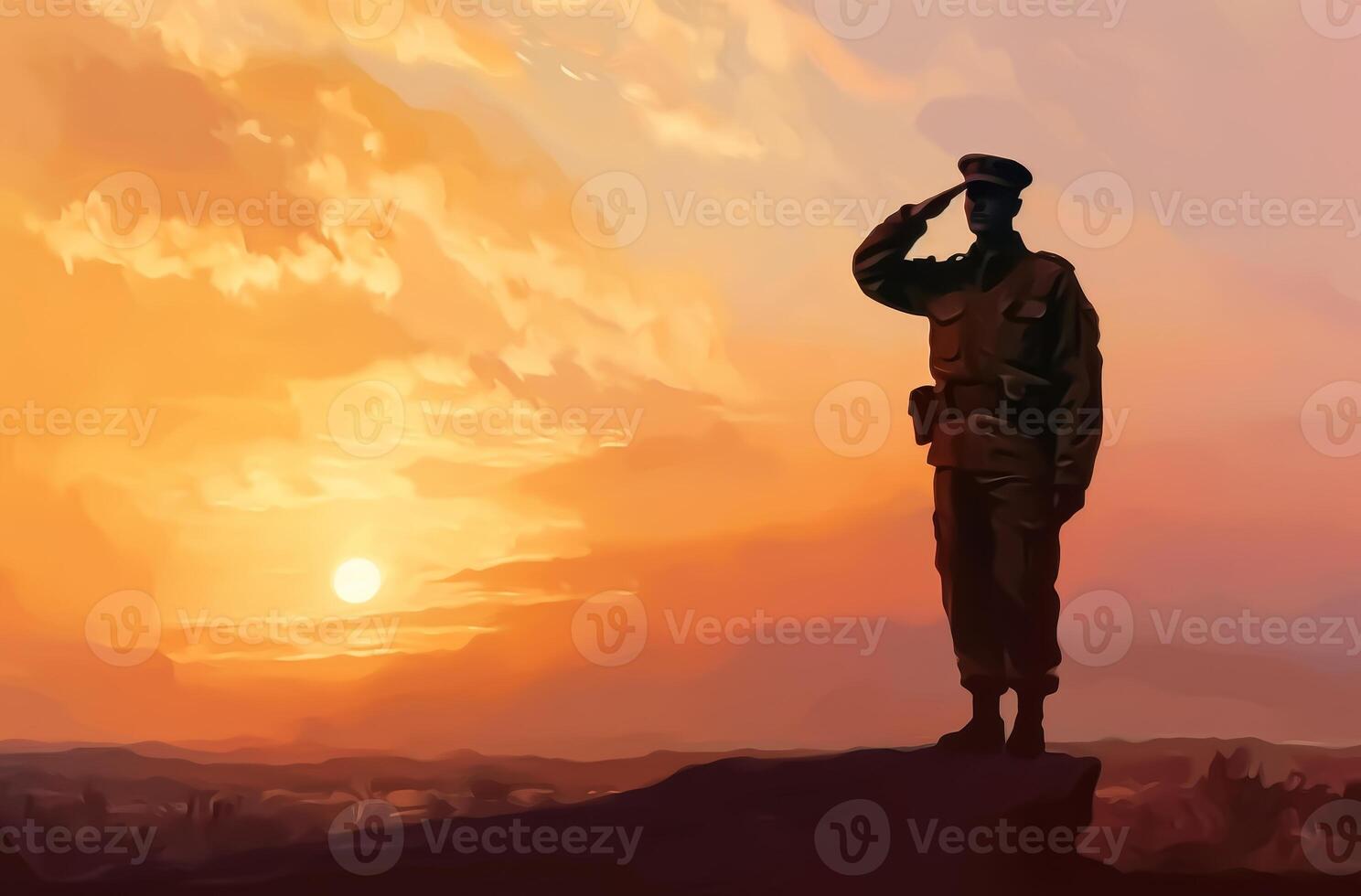 AI generated Silhouette of a soldier salutes at sunset photo