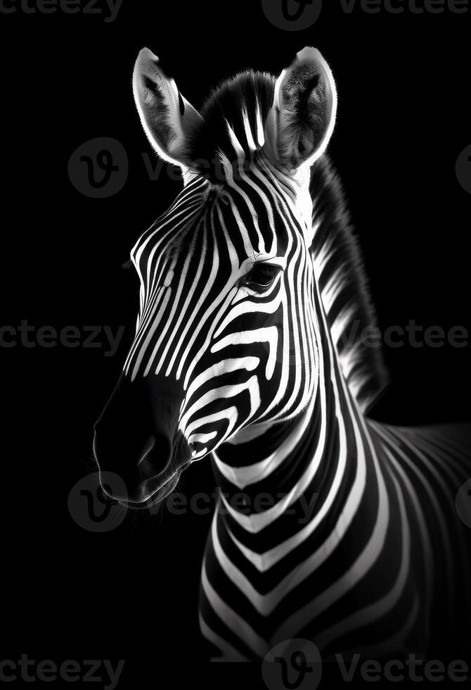 AI generated A monochrome photo of a zebra with a black background