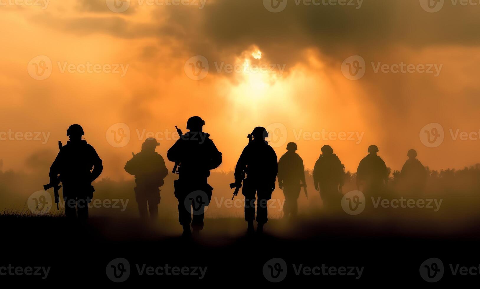 AI generated Battle scene. Military silhouettes fighting scene on war fog sky background. World War Soldiers Silhouettes Below Cloudy Skyline At sunset photo